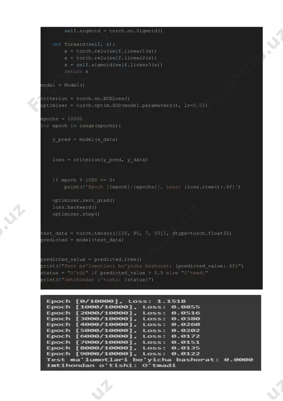 h.tensor([[20, 80, 7, 50]], dtype=torch.float32) predicted = model(test_data) predicted_value = predicted.item() print(f"test ma'lumotlari bo'yicha bashorat: {predicted_value:.4f}") status = "o'tdi" if predicted_value > 0.5 else "o'tmadi" print(f"imtihondan o'tishi: {status}") izoh: torch, pandas va numpy kutubxonalari kerak bo'ladi. torch — mashinani o'rganish uchun kutubxona, pandas — ma'lumotlar bilan ishlash, numpy esa massivlar va matematik hisob-kitoblar uchun ishlatiladi. fayl manzili kiritiladi va fayl data_updated.csv o'qiladi. faylni o'qish uchun pandas kutubxonasidan foydalaniladi. o'qilgan ma'lumotlar data nomli jadvalga saqlanadi. kirish ma'lumotlari (imtihongacha ball, davomat, tayyorlanish vaqti va stress) x_data o'zgaruvchisiga saqlanadi. imtihondan o'tish yoki o'tmaslik holati (yani, natija) esa y_data o'zgaruvchisiga saqlanadi. model torch.nn.module dan meros olgan sinf sifatida yaratiladi. modelda 3 ta chiziqli qatlam mavjud: linear1, linear2, linear3. har bir qatlam chiziqli hisoblashlarni bajaradi va natijani qaytaradi. modelda sigmoid aktivatsiya funksiyasi qo'llaniladi. modelni o'qitish uchun, yo'qotish funksiyasi (bceloss) va optimizer (sgd) tanlanadi. o'qitish jarayonida modelning bashorati va haqiqiy qiymatlari bo'yicha yo'qotish (loss) hisoblanadi. har …