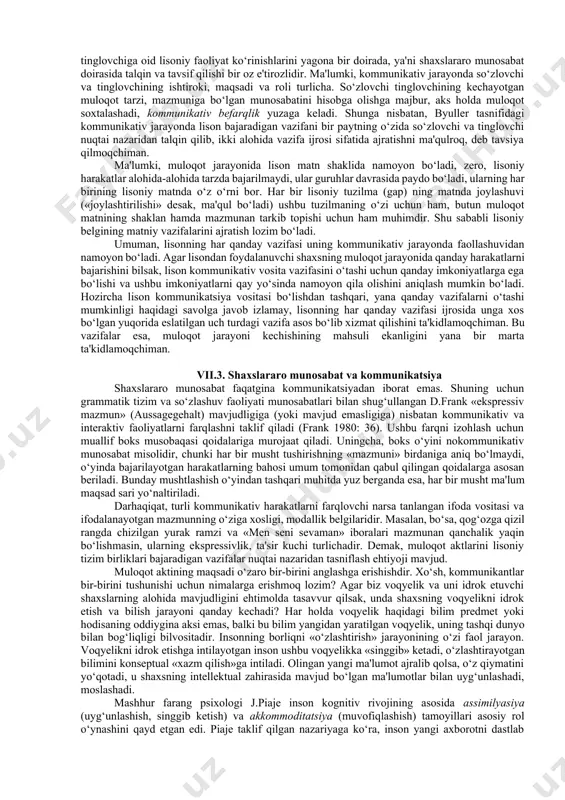 akatga keltirishini) qanday bajarayotganini aniqlashda uning urishini tekshirishdan boshlaydi. xuddi shuningdek, xurrak otish nafas organlari faoliyatidan, chaynash (ovozi) ovqat iste'molidan darak beradi. bunday qo‘shimcha natijalarni biologik organlarning tabiatiga xos bo‘lgan vazifalardan farqlash muhimdir. shu yo‘sinda, lisoniy tizim bajaradigan vazifalarni farqlashda ham ikki asosiy savolga javob izlanadi: 1) lisoniy faoliyat jarayonida lisoniy belgidan foydalanuvchi qanday harakatlarni bajaradi? 2) lisonning qaysi xususiyatlari va imkoniyatlari undan foydalanuvchiga ushbu harakatlarni bajarish imkonini beradi. birinchi savol lisoniy birliklarning biror bir vazifa ijrosidagi o‘rni, roli bilan bog‘liq bo‘lsa, ikkinchisi ijro etiladigan vazifalarning til tabiatiga xos tomonlarini aks ettiradi. vii.2. lison va uning vazifalari lisonga tabiatan xos bo‘lgan vazifalarini farqlash masalasini o‘z zimmasiga birinchilardan bo‘lib olgan olim olmon tilshunosi k. byuller edi. u o‘zining «til nazariyasi» asarida lisonning uch vazifasi haqida gapiradi: 1) darstelling «bayon, tasvir» predmet yoki hodisaning ifodalanishi; 2) ausdruck «ifodalash, ekspressivlik» axborot uzatuvchining shaxsiy xususiyatlarining ifodalanishi; 3) appell «murojaat» axborotni qabul qiluvchiga ta'sir ko‘rsatish …