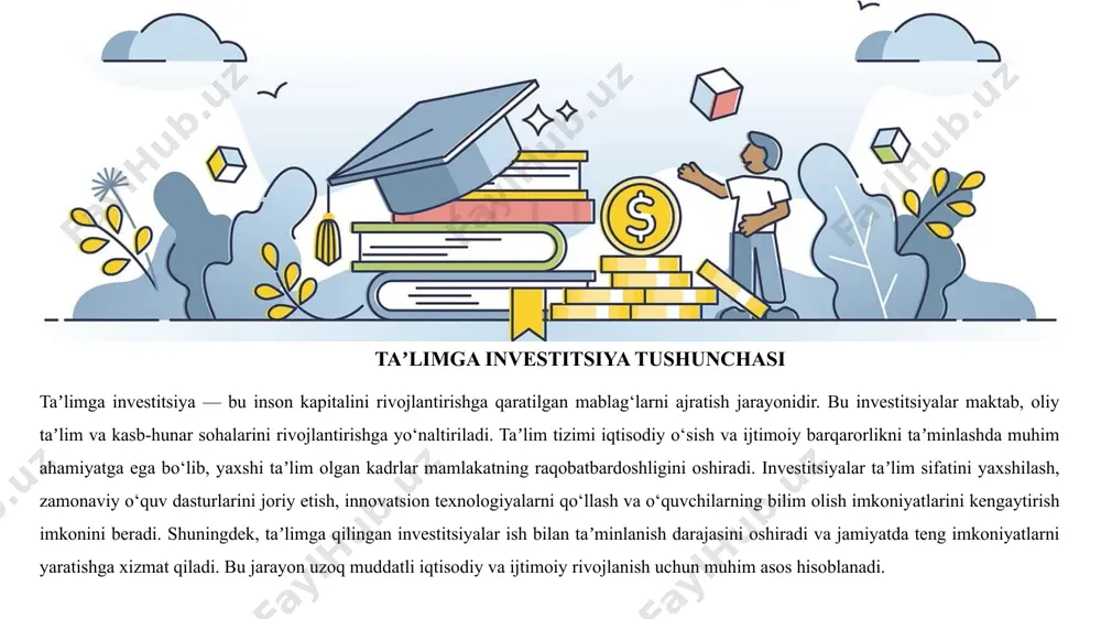tbardoshlik yaxshilanadi. malakali kadrlar iqtisodiyotning turli sohalarida samarali faoliyat olib borib, yangi innovatsiyalar va texnologiyalarni joriy etishda muhim rol o‘ynaydi. shuningdek, taʼlimga qilingan investitsiyalar ishsizlik darajasini kamaytirishga yordam beradi, chunki taʼlim olgan yoshlar va mutaxassislar mehnat bozorida o‘z o‘rnini topish imkoniga ega bo‘ladi. bu esa jamiyatdagi ijtimoiy barqarorlikni taʼminlashda va iqtisodiy faollikni oshirishda muhim ahamiyat kasb etadi. natijada, taʼlimga sarmoya kiritish nafaqat shaxsiy daromadlarni oshiradi, balki mamlakat darajasida ijtimoiy-iqtisodiy farovonlikni taʼminlaydi. taʼlimga xorijiy investitsiyalar va hamkorlik loyihalari taʼlim sohasiga xorijiy investitsiyalar markaziy osiyo va mdh davlatlarida taʼlim tizimini rivojlantirishda muhim rol o‘ynaydi. xalqaro donorlar va moliya institutlari, jumladan jahon banki, osiyo taraqqiyot banki (adb), yevropa tiklanish va taraqqiyot banki (ebrd) kabi tashkilotlar taʼlim loyihalariga moliyaviy yordam ko‘rsatadi. ularning grantlari va kreditlari maktab va oliy taʼlim infratuzilmasini yaxshilash, o‘qituvchilar malakasini oshirish hamda taʼlimning raqamlashtirilishini taʼminlashga yo‘naltirilgan. markaziy osiyo va mdh mamlakatlari o‘rtasida ham taʼlim sohasida hamkorlik dasturlari amalga oshirilmoqda. ushbu dasturlar …