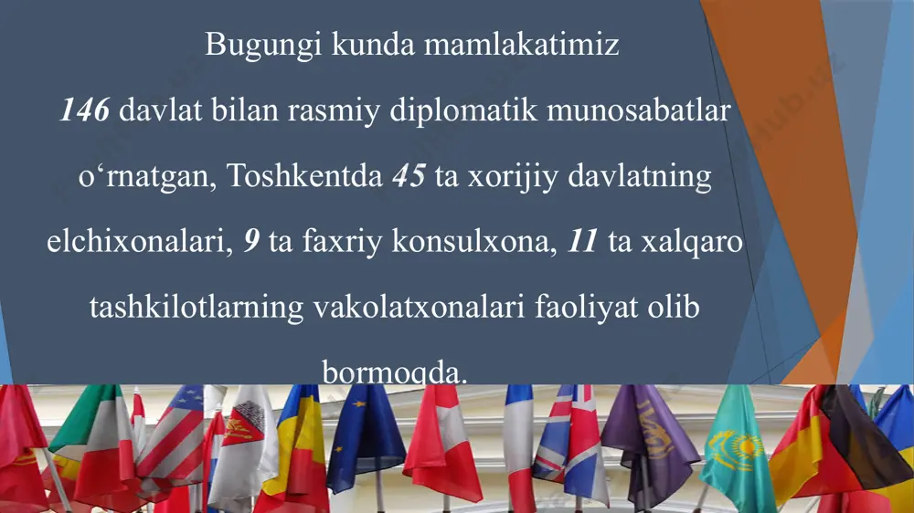 t», deb o‘zgartirildi. shanxay hamkorlik tashkiloti xaritasi 2003-yil 29-may kuni moskvada bo‘lib o‘tgan sammitda toshkentda mintaqaviy aksilterror tuzilmasi (matt) tuzishga qaror qilindi. bu 2004-yil yanvardan boshlab ish boshladi. o‘zbekiston respublikasi 1992-yil 2-martda bmtga qabul qilindi va mamlakatimiz jahon hamjamiyatining teng huquqli a’zosi bo‘ldi. 1993-yil oktabrda toshkentda bmtning vakolatxonasi ish boshladi. islom karimovning bmt bosh assambleyasidagi ilk ma’ruzasi 1993-yil sentyabrda, 48-sessiyada bo‘lgan bo‘lsa, shavkat mirziyoyevning ilk ma’ruzasi 2017-yil sentyabrda, 72-sessiyada bo‘ldi. 1993-yil 29-oktabrda o‘zbekiston unesco ga a’zo bo‘ldi. 1946-yil tashkil topgan. o‘zbekiston 1995-yil a’zo bo‘lgan. 1997-yili prezident islom karimov afg‘oniston bilan qo‘shni olti mamlakat – eron, xitoy, pokiston, tojikiston, turkmaniston, o‘zbekiston shuningdek, aqsh va rossiya davlatlari ishtirokida bmt shafeligi ostida afg‘on muammosini muzokaralar yo‘li bilan yechishga qaratilgan «6+2» muloqot guruhini tuzish tashabbusi bilan chiqdi. afg‘oniston prezidenti muhammad ashraf g‘ani toshkentda konstitutsiyamizning iv bob, 17 va 18-moddalari tashqi siyosat masalalariga bag’ishangan. 1992-yil may oyidagi «o‘zbekiston respublikasi tashqi ishlar vazirligi faoliyatini tashkil etish …