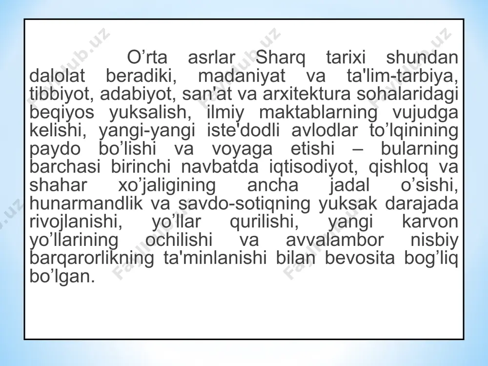 etishib chiqqan imom buxoriy, imom termiziy, imom moturidiy, burhoniddin marg'inoniy, abul mu'in nasafiy kabi ulug' ulamolar butun musulmon olamining faxru iftixori va cheksiz g'ururi hisoblanadi. ma'lumki, o'sha davrlarning an'analariga ko'ra, ma'rifatparvar mutafakkir va faylasuflar, olimlar va shoirlar odatda hukmdorlar va sultonlar saroylarida panoh topganlar. ular orasida ix-xi asrlarda xivada tashkil etilgan ma'mun akademiyasi va “baytulhikma”, ya'ni “donishmandlik uyi” degan nom bilan shuhrat qozongan bag'dod akademiyasida, shuningdek, xv asrda samarqandda shakllangan mirzo ulug'bekning ilmiy maktabida samarali mehnat qilgan bir guruh olimlar butun dunyoga dong taratdilar. o'rta asrlarda sharq ilm-fani rivojida xorazm ma'mun akademiyasi alohida o'rin tutgan. ulkan kutubxona, madrasa, tarjimon va hattotlar maktabi kabi tuzilmalarga ega bo'lgan bu dargohda yuzdan ortiq allomalar, iste'dodli talabalar ilmiy izlanishlar olib borgan. abu nasr ibn iroq, abu rayhon beruniy, abu ali ibn sino, mahmud xo'jandiy, ahmad ibn muhammad xorazmiy va ahmad ibn hamid naysaburiy kabi qomusiy olimlarning umumbashariy tafakkur rivojiga qo'shgan hissasi beqiyosdir. ma'mun akademiyasi