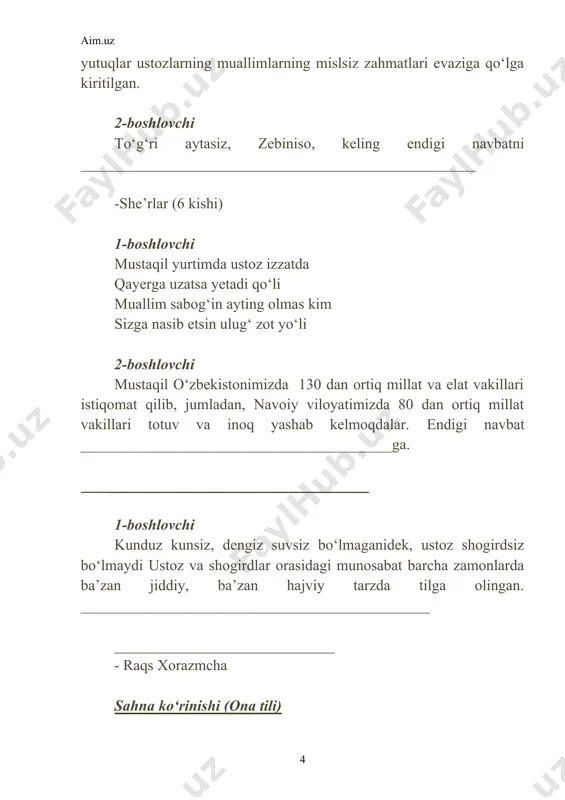 "o‘qituvchi va murabbiylar kuniga bag‘ishlangan bayramingiz muborak, aziz ustozlar" ssenariy - Page 4