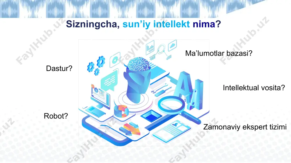 bot — matn yoki ovozli harakatlar orqali inson suhbatiga taqlid qilish uchun moʻljallangan dasturiy taʼminot yoki veb-interfeys. 19 chatgpt vositasi orqali o‘quv va metodik resurslarini yaratish ✅ aniq so‘rov: “8-sinf informatika fanidan “ma'lumotlarni saqlash va uzatish” mavzusi uchun 2 ta qiziqarli hayotiy misol keltir. hayotiy misolning har biri 20 ta so‘zdan iborat bo‘lsin. natijani jadval ko‘rinishida yubor”. ❌ noaniq so‘rov: “fizika faniga doir misollar keltir”. aniq va batafsil yozing ✅ aniq so‘rov: “9-sinf informatika fanidan “ma'lumotlarni tuzilishi va turlari” mavzusi bo‘yicha o‘quvchilarning qiziqishini oshirishga yordam beruvchi interaktiv topshiriqlarni ishlab chiqishga doir tavsiyalar ber.”. ❌ noaniq so‘rov: “fizikaga doir interaktiv topshiriq”. maqsadni aniq ko‘rsating 20 chatgpt vositasi orqali o‘quv va metodik resurslarini yaratish chatgpt yoki alternativ boshqa dasturlarga batafsil va aniq so‘rovlarimizga kutilgan javobni olmaganda so‘rovni qo’shimcha tafsilotlar bilan boyitish lozim. so‘rovni qo‘shimcha tafsilotlar bilan boyiting ✅ aniq so‘rov: “men maktabda o‘quvchilarni baholashda elektron testlar foydalanaman, baholashni yanada samarali qilish uchun …