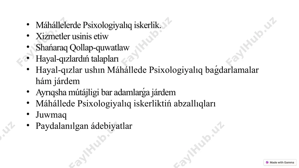 rmıslıq mashqalalardı hám úy-ruwzıgershilik mashqalaların sheshiwde psixologiyalıq járdem kórsetiw.shańaraqlıq kelispewshilikler, shańaraq ishindegi zorlıqtı azaytıw ushın shańaraqlıq másláhátler hám járdem sistemasın shólkemlestiriw.óz-ara pikirlesiwde qıyınshılıqqa ushıraǵan adamlar ushın psixologiyalıq xizmet. psixologiyalıq másláhátler: máhálle xalqına psixologiyalıq másláhátler hám járdem beriw, ásirese, balalar, jaslar hám kekseler ushın.jeke máselelerdegi járdem: hayal-qızlardıń huqıqların qorǵaw, ózin-ózi qádirlewdi arttırıw, oqıw hám jumısqa jaylasıw boyınsha másláhátler. 3 xizmetler usinis etiw másláhátler máhállelerde psixologlar onlayn hám betpe-bet psixologiyalıq másláhátler kórsetiw arqalı xızmet usınıs etedi. seminarlar psixologiyalıq salamatlıq, stress basqarıw hám jeke rawajlanıw temalarında xalıq ushın ashıq seminarlar shólkemlestiriledi. jámáát baǵdarlamaları shańaraq aǵzaları hám jaslar ushın toparlıq másláhátler hám psixoterapevtikalıq baǵdarlamalar ámelge asırıladı. 4 shańaraq qollap-quwatlaw sóylesiw kónlikpelerin rawajlandırıw ata-analar ushin másláhátler shańaraq terapiyası bul adamlar ózine tán nátiyjeli hám baylanıslar jaratıw, dúzetiw hám óz pikirlerin anıq bayan etiwge ornatıw procesi. sóylesiw kórinisin jeke hám professional turmista boliw ushin zárúr. ata-analıq - bul oǵada quramalı hám juwapkershilikli process. ata-analar balalarınıń ómirindegi …