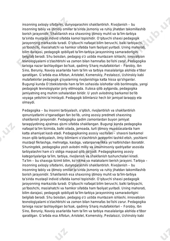 agogikaning asosiy kategoriyalariga ta’lim, tarbiya, rivojlanish va shakllanish tushunchalari kiradi. ta’lim – bu shaxsga tizimli bilim, ko‘nikma va malakalarni berish jarayoni. tarbiya – insonning axloqiy sifatlarini, dunyoqarashini shakllantirish. rivojlanish – bu insonning tabiiy va ijtimoiy omillar ta’sirida jismoniy va ruhiy jihatdan takomillashib borish jarayonidir. shakllanish esa shaxsning ijtimoiy muhit va ta’lim-tarbiya ta’sirida mustaqil individ sifatida kamol topishidir. o‘qituvchi shaxsi pedagogik jarayonning markazida turadi. o‘qituvchi nafaqat bilim beruvchi, balki tarbiyachi, yo‘lboshchi, maslahatchi va hamkor sifatida ham faoliyat yuritadi. uning mahorati, bilim darajasi, pedagogik qobiliyati ta’lim-tarbiya jarayonining samaradorligini belgilab beradi. shu boisdan, pedagog o‘z ustida muntazam ishlashi, innovatsion texnologiyalarni o‘zlashtirishi va zamon bilan hamnafas bo‘lishi zarur. pedagogika tarixiga nazar tashlaydigan bo‘lsak, qadimiy sharq mutafakkirlari – forobiy, ibn sino, beruniy, navoiy asarlarida ham ta’lim va tarbiya masalalariga alohida e’tibor qaratilgan. g‘arbda esa aflotun, aristotel, komenskiy, pestalozzi, ushinskiy kabi mutafakkirlar pedagogik g‘oyalarning rivojlanishiga katta hissa qo‘shganlar. bugungi kunda o‘zbekistonda ham ta’lim sohasida islohotlar olib …