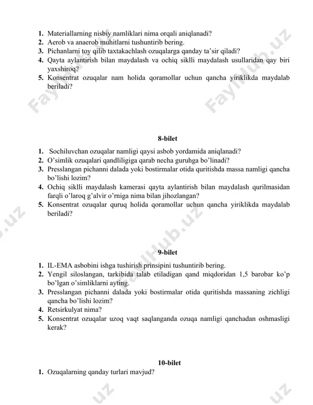 ar amalga oshiriladi? 11-bilet 1. shirali ozuqalar qanday turlarga bo’linadi? 2. siloslanmaydigan, tarkibida minimum talab etilgandan ancha kam qand miqdoriga ega o’simliklarni ayting. 3. sifatsiz pichanlar chirib mog’orlay boshlaganda qanday holatga keladi? 4. ozuqalarni saqlash sig’imini qo’llanilishi asosida qayta aylantirish bilan maydalash texnologik jarayoni sxemasini tushuntirib bering. 5. dozator nima? 12-bilet 1. mineral ozuqalarga nimalar kiradi? 2. silos tayyorlash jarayonining ketma-ketligini aytib bering. 3. pichan ishlab chiqarishning barcha jarayonlari to’g’ri bajarilganda boshoqlilar pichani qanday o’zgarishga uchraydi? 4. ozuqalarni saqlash sig’imini qo’llanilishi asosida qayta aylantirish bilan maydalash texnologik jarayonining qanday kamchiliklari mavjud? 5. drojlash jarayonini tushuntirib bering. 13-bilet 1. mikroelementli ozuqalarga nimalar kiradi? 2. silos tayyorlash texnologiyasi qanday operatsiyalardan iborat? 3. sintetik ozuqalarga nimalar kiradi? 4. ozuqalarni ko’p stadiyali qayta aylantirish usulida maydalanish texnologik jarayonlari sxemasini tushuntirib bering. 5. granullash nima? 14-bilet 1. dag’al ozuqalar deb nimaga aytiladi? 2. silos uchun o’stiriladigan asosiy o’simliklarga nimalar kiradi? 3. bolg’achali maydalagichlar nima? 4. …