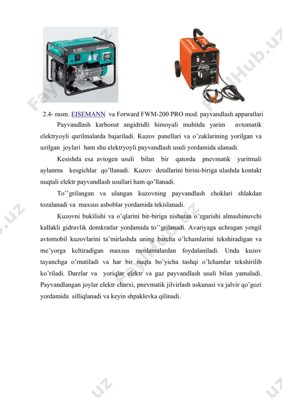 berishda, silikonli moddalardan foydalaniladi. ular silikonli kukunli mayda zarrachalardan, mum, silikonlar va boshqa qo’shimchalardan iborat bo’ladi. zangga qarshi ishlov beriladigan postlar ko’targich yoki a’gdargich, suyuqlik bilan ta’minlovchi jihozlar va turli sepgichlar bilan butlanadi. adabiyotlar: 1. karimov i.a. jahon moliyaviy-iqtisodiy inqirozi, o’zbekiston sharoitida uni bartaraf etishning yo’llari va choralari. – т.: o’zbekiston, 2009. – 56 b. 2. avtomobillar texnik ekspluatatsiyasi. qayta ishlangan va to’ldirilgan ruscha 4-nashridan (prof. kuznetsov ye.s. tahriri ostida. m.:nauka 2004y. 535 b.) tarjima prof. sidiqnazarov q.m. umumiy tahriri ostida, toshkent “voris-nashriyot”, 2006. – 670 b. 3. avtomobillar texnik ekspluatatsiyasi. o’zbekiston respublikasi oliy va o’rta maxsus ta’lim vazirligi avtotransport oliy o’quv yurtlari talabalari uchun darslik sifatida tavsiya etgan. prof. sidiqnazarov q.m. umumiy tahriri ostida, toshkent “voris-nashriyot”, 2008. – 560 b. 4. tехническая эксплуатация автомобилей. учебник для вузов. под ред. проф. е.с. кузнецова. m: наука, 2002 g. 5. боровских ю.и. и др. автомобилларнинг техник тузилиши, техник хизмат кўрсатиш ва таъмирлаш. …