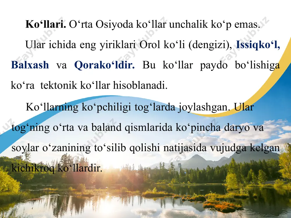 ga bo‘linib qoldi (18- rasm). orol dengizi atrofida juda ko‘p qishloqlar, shaharlar bor. «orolbo‘yi regioni» deb ataluvchi bu mintaqada 5 mln ga yaqin aholi yashaydi. (xaritaga qarab, qaysi davlatlar, viloyatlar borligini aniqlang.) ana shu aholining xo‘jalik faoliyati orol dengizi bilan bog‘liq bo‘lgan. dengizning kichrayishi, uning tagidagi tuzlarning shamol bilan tevarak-atrofga to‘zib ketishi, ichimlik suvi tanqisligi, bugungi kun orolbo‘yi hududi ekologik tangligining ko‘rinishlaridandir. orol va orolbo‘yini bu tanglikdan qutqarib qolish uchun iloji boricha harakat qilinyapti. «orolni qutqarish» xalqaro tashkiloti va fondi tuzilgan. suv omborlari. yozgi «chilla» davrida ekinzor va bog‘lar tez-tez sug‘orishni talab qiladi. o‘simliklarni namga eng chanqoq davrlarida suv bilan muntazam ta’minlash maqsadida o‘rta osiyoning katta va kichik daryolarida sun’iy ko‘llar — suv omborlari bunyod etilgan. o‘rta osiyoning tabiiy geografik xaritasida suv omborlari juda aniq ko‘rsatilgan. masalan, ili daryosida — qopchig‘ay, irtish daryosida — buxtarma, norin daryosida — to‘xtag‘ul, chirchiq daryosida — chorvoq, ohangaronda — tuyabo‘g‘iz (òoshkent), qoradaryoda — andijon, …