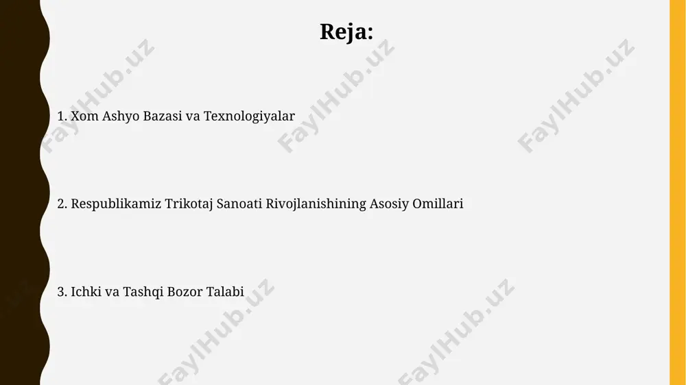 ologiyalarni o'rnatish va ishlab chiqarishni kengaytirish imkonini berdi. davlat tomonidan tashkil etilgan "hunarmandchilikni rivojlantirish" dasturi doirasida 2015-yildan buyon 10 mingdan ortiq hunarmandlarga knitwear ishlab chiqarish bo'yicha treninglar o'tkazilib, ularning malakasini oshirishga yordam berildi. raqobatbardoshlik va sifat nazorati andijon viloyatida joylashgan katta toʻqimachilik fabrikalarining 85% dan ortigʻi iso 9001 sifat menejmenti tizimiga ega boʻlib, eksportga yoʻnaltirilgan mahsulotlar sifati yuqori. respublika boʻylab 200 dan ortiq toʻqimachilik korxonalarining raqobatbardoshligi sifat nazorati tizimlarini joriy etish darajasi bilan bevosita bogʻliq. sanoatning kelajakdagi rivojlanish istiqbollari xorazm viloyati trikotaji sanoati uchun 2023-2027 yillarga mo'ljallangan investitsiya dasturiga 5 million aqsh dollari miqdorida xorijiy investitsiyalar jalb qilish rejalashtirilmoqda. samarqand viloyatida 2025-yilga qadar trikotajsavdo hajmini 15% ga oshirish, yangi 5 ta zamonaviy korxona ochish va 1000 dan ortiq ish o'rinlari yaratish rejalashtirilgan. investitsiyalar va moliyalashtirish 2000-yillarning boshlarida o‘zbekistonning to‘quv-trikotaj sanoati rivojlanishiga xorijiy investitsiyalar, xususan, xitoy va janubiy koreyadan 50 million aqsh dollaridan ortiq mablag’ jalb qilingan. 2022 yilda samarqand shahrida …