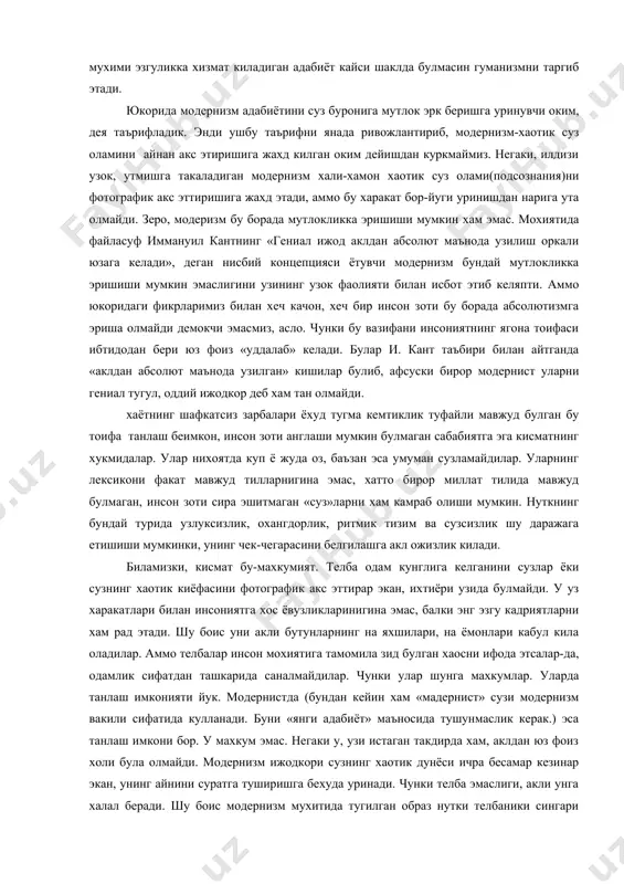 ун ва шакл бериш тарзига кура турли адабий метод ва окимлар майдонга келган. тартибга беистисно риоя килиш, сузни катъий мазмун ва шакл колипига буйсундириш оркали классицизм, суз функциясини мумкин кадар таълим-тарбияга йуналтириш оркали маърифатчилик, сузга каноат боглаб самовий идеалларни ифодалаш оркали романтизм, унга тушкунлик либосини кийдириш ва сузни фожиа, зулмат оханглари билан ураш оркали сентиментализм хамда барокко, сузни мутлок рамзга айлантириш оркали символизм, суз устига хаёт хакикатини шафкатсиз ва аник ифодалаш мажбуриятини юклаш оркали танкидий реализм хамда реализм, суз тузонига мутлок эрк беришга интилиш оркали модернизм адабиёти тугилади ва хоказо. диккат билан каралса, хаминкадар бир жумлада ифодаланган, аслида томлаб тадкикотларни талаб этадиган бу адабий оким ва методларга хос унсурлар xx асрнинг икки йирик окими реализм ва модернизмда умумлашади. маълумки, реализм адабиёти хаёт хакикатини бадиий акс этириши, инсониятни ёвузлик ва зулматдан огох этиши, уни юксак идеаллар асосида тарбиялашга йуналтирилгани билан эзгуликка хизмат килади. бунда албатта узгача булган адабий анъаналарга таянади. реалист-ижодкор …