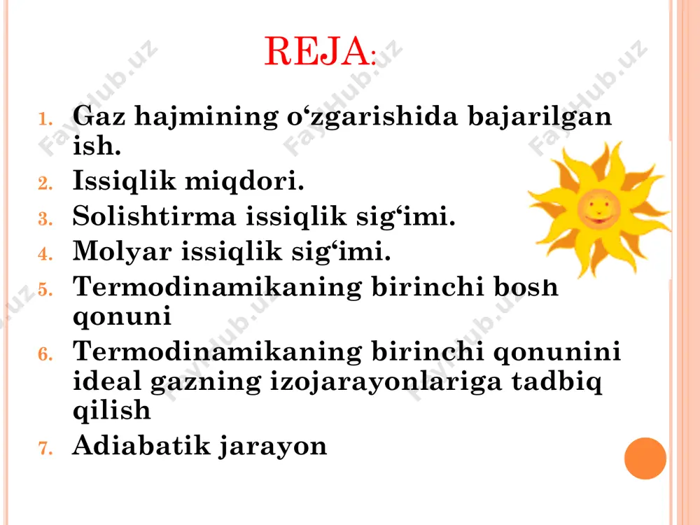 a asosan birinchi tur abadiy dvigateli yasash mumkin emas.  termodinamikaning birinchi bosh qonunini ideal gazdagi turli izojarayonlarga tadbiq etish mumkin. ishning kattaligi diagrammada ko’rsatilgan yuzaga teng bo’ladi.  adiabatik jarayonda sistema faqat o‘zining ichki energiyasi hisobiga tashqi jismlar ustida ish bajaradi.  = - a (13) .  adiabata chzig‘i izoterma chizig‘iga nisbatan tikroq bo‘ladi. adiabatik jarayondagi bosim va hajm orasidagi bog‘lanishni ifodalaydigan tenglama  (14)  ko‘rinishida yozilib, bu tenglamani puasson tenglamasi deb yuritiladi. bundagi γ – adiabata doimiysi deb ataladi. puasson tenglamasi – yoki boshqacha adiabata tenglamasi deb ham yuritiladi.  adiabatik jarayon amalga oshishi uchun gaz solingan idish issiqlikni mutloq o‘tkazmaydigan devorli bo‘lishi kerak. amaldagi jarayonlarni qat’iy ravishda adiabatik yoki izotermik jarayon deb hisoblash mumkin emas. tabiatda amalga oshadigan jarayonlarni adiabatik va izotermik jarayonlarning oralig‘i deb qaralib, ularni politropik jarayonlar deb ataladi. politropik jarayonlar uchun ideal gaz bosimi va hajm orasida quyidagi bog‘lanish mavjud. (15) . …