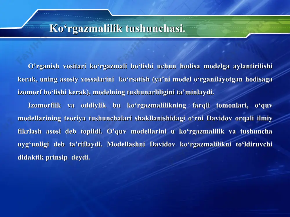 arijali modullardan iborat bo’lgan bo’limlarga bo’lish to’liqlilik prinspi: har bir model ushbu komponentlarga ega bo’lishi kerak. nazariy asos nazariya bo’yicha nazorat savollari misollar mustaqil ishlash uchun topshiriq va mashqlar butun modul bo’yicha nazorat savollari (javoblari bilan) nazorat ishi kontekst ma’lumotnoma (help) to’liqlilik prinspi: tez ko’zga tashlanuvchanlik ko’rish prinspi: har bir modul yangi atamalarni va tushunchalarni tushunish va eslab qolish uchun kam miqdordagi matn va vizualizatsiyalarga ega bo’lishi lozim. tugunlilik tugunlilik: foydalanuvchiga bir moduldan boshqasiga o’tish imkonini beruvchi gipermatnlarni bog’lash. boshqaruvchanlik boshqarish prinspi: foydalanuvchi ekranda istalgan miqdordagi namunalar (illustratsiya, tushuncha, keltirilgan misollar)ni ko’rishi, turli qiyinchilikdagi topshiriqlarni bajarishi,va shu qiyinchilikdgi istalgan bo’lim nazorat savollariga javob bera olishi; moslashuvlik prinspi: foydalanuvchi ehtiyojlarini qo’shimcha illustrativ materiallar, grafiklar yordamida qondirishi, soha uchun chuqurroq ma’lumotlarni topish moslashuvlik va yig’iluvchanlik yig’ish prinspi: elektron darsliklar yagona asosda bo’lishi lekin, unga qo’shimcha kiritish, yangi bo’limlar va mavzular yordamida boyitish imkoniga ega bo’lgan formatda yaratiladi. elektron kitoblarning faylli formatlari oddiy …