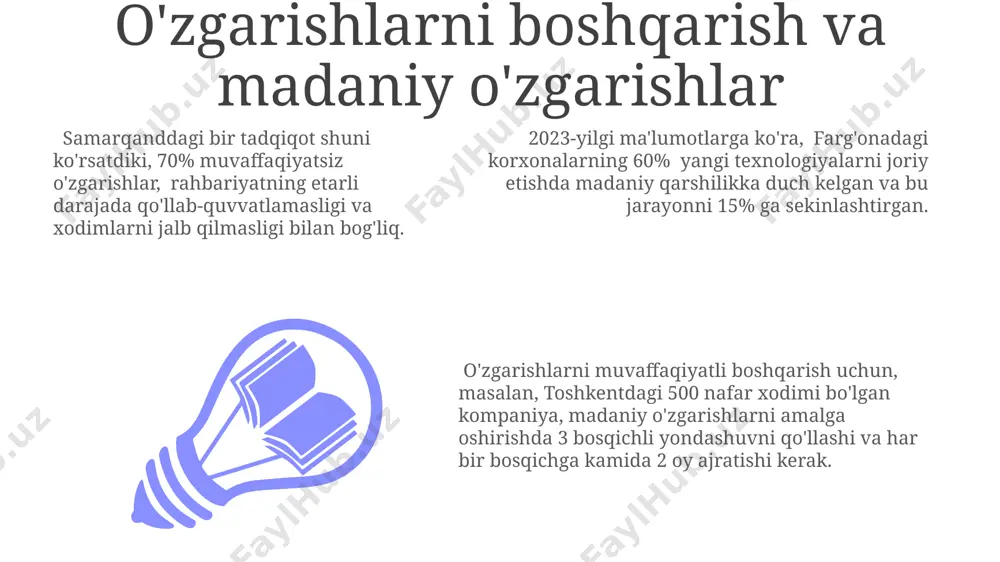 bog'liqlik aqshning google kompaniyasidagi ochiq va hamkorlikka yo'naltirilgan madaniyat, xodimlar motivatsiyasini oshirish orqali, mahsulot ishlab chiqarish tezligini 2 martaga tezlashtirdi. madaniyat, strategiyani amalga oshirish samaradorligiga 20-30% gacha ta'sir ko'rsatishi mumkinligi haqida 2018 yilda yaponiyaning "nomura research institute" tomonidan o'tkazilgan tadqiqotlar shuni ko'rsatdi. o'zbekistonning "uzauto motors" kompaniyasi misolida ko'rish mumkinki, kuchli korporativ madaniyat, innovatsion yondashuvlar bilan birgalikda, 5 yil ichida bozor ulushini 15% ga oshirishga yordam berdi. to'siqlarni bartaraf etish va muammolarni hal qilish qashqadaryo viloyatida amalga oshirilgan loyihada 7 bosqichli muammo hal qilish jarayoni qo‘llanilib, xatoliklar soni 45% ga kamaytirildi va loyiha muddati 2 oy qisqartirildi. 2023-yilda o‘zbekistonning 5 ta yirik shahrida o‘tkazilgan tadqiqotlar shuni ko‘rsatdiki, samarali muammolarni hal qilish strategiyasi jamoa madaniyatiga 30% gacha ta'sir ko‘rsatadi. toshkent shahrida joylashgan kompaniyaning tajribasi shuni ko‘rsatadiki, yuqori darajadagi rahbarning faol ishtiroki bilan 10 ta murakkab to‘siq 6 oy ichida muvaffaqiyatli bartaraf etilgan. doimiy takomillashtirish va yangilanish innovatsion yondashuvlar va doimiy o'zgarishlar natijasida …