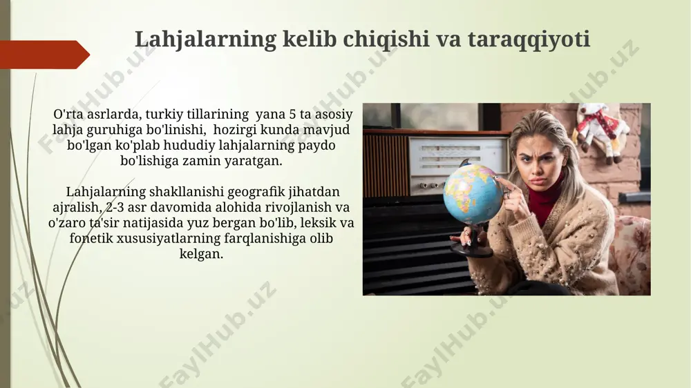 va ahamiyati lahjalarning oʻrganilishi, lingvistik tadqiqotlar orqali, kamida 5 ta yangi soʻz va iboralarning lugʻatga qoʻshilishiga va ona tilimizning boyishishiga olib keladi. hududiy lahjalar milliy tilning boyligini aks ettiruvchi 30 dan ortiq fonetik, leksik va grammatik xususiyatlarga ega boʻlib, uning genetik rivojlanishini o'rganishda muhim ahamiyat kasb etadi. sharqiy o'zbekiston lahjalari sharqiy o'zbekiston lahjalarida, ayniqsa tog'li hududlarda, 30 dan ortiq turli sheva va lahja variantlari mavjud bo'lib, ular fonetik va leksik jihatdan sezilarli farqlarga ega. taxminan 15-20% so'z boyligi sharqiy o'zbekiston lahjalarida g'arbiy hududlarga nisbatan o'ziga xos xususiyatlarga ega bo'lib, ularning ba'zilari fors-tojik tillarining ta'siridan kelib chiqqan. lahjalarning o'zgarishi va rivojlanishi o'zbekiston hududida 10 dan ortiq asosiy lahja guruhlari mavjud bo'lib, ularning har biri o'ziga xos fonetik xususiyatlarga, masalan, undosh tovushlarning talaffuziga ega. o'rta asrlardan boshlab, taxminan 500 yil davomida, turkiy tillarning bir-biriga ta'siri natijasida, hozirgi o'zbek lahjalarining shakllanishida muhim morfologik va sintaksis o'zgarishlar yuz bergan. e'tiboringiz uchun rahmat @taqdimot_robot image1.jpg …