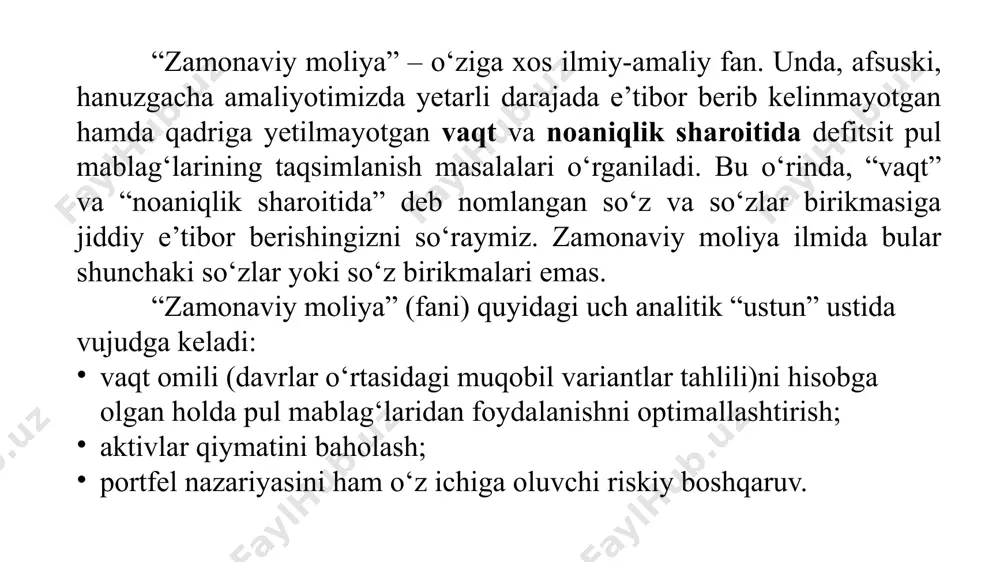 ajat)lar: vaqt oralig‘ida tarqatilgan (bir-biridan farqlanadi, ajratilgan); odatda, ularning bo‘lajak miqdorini na qaror qabul qiladiganlar va na boshqa biror bir odam bashorat qila olmaydi. masalan, o‘z restoraningizni ochishni baholar ekansiz, barcha xarajatlarni (xonani jihozlash, oshxona anjomlari, stol va stullar, hatto antiqa ichimliklarni bezash uchun mo‘jaz qog‘oz shamsiyalar, qisqasi, barcha zarur asbob-uskunalarni sotib olish) va siz bir necha yildan keyin olishni rejalashtirgan noma’lum daromad (ya’ni, bo‘lajak daromadingiz)ni imkon qadar (iloji boricha) aniq hisobga olish kerak. muayyan (aniq) moliyaviy qarorni qabul qilib, tadbirkor uni moliyaviy tizim yordamida amalga oshiradi va hayotga tatbiq etadi. moliyaviy bitimlar tuzish, aktivlar va riskni almashishda foydalaniladigan bozorlar va boshqa institutlar majmuiga moliyaviy tizim deyiladi. bu tizim aksiyalar, obligatsiyalar va boshqa moliya instrumentlari bozori, moliyaviy vositachilar (bank va sug‘urta kompaniyalari kabi), moliyaviy xizmatlar taklif etadigan firmalar (masalan, moliya-maslahat firmalari) va shu barcha muassasalar faoliyatini nazorat qiluvchi organlarni o‘z ichiga oladi. “zamonaviy moliya” fani oldida turgan eng muhim vazifalardan …