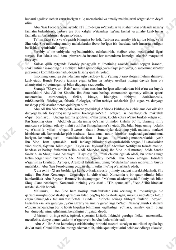 ’sirini o‘tkazdi. somoniylar davlatida marv, buxoro, samarqand va urganch o‘sha davrning madaniy markazlaridan sanaladi. maktablarda darslar arab tilida olib borilar edi. rasmiy hujjatlar, she’riyat qoidalari arab tilida yuritilar edi. ilmiy asarlar ham arab tilida yozilar edi. x asr o‘rtalariga kelib, fors-tojik tilida ham ish yuritila boshladi, ammo yoziladigan hujjatlar, ishlar fors-tojik tilida bo‘lsa ham arab imlosida yozilar edi. o‘sha davrda buxoroda katta kitob bozori bo‘lgan, kitob do‘konlarida olim va fozil kishilar uchrashib, ilmiy bahs, munozaralar o‘tkazganlar. sharq uyg‘onish davrida ilm-fan rivojlanishi uch yo‘nalishda bo‘ladi. birinchi yo‘nalish, matematika, tibbiyot yo‘nalishi bo‘lib, bularga matematika, astronomiya, kimyo, geodeziya, minerologiya, tibbiyot, farmokologiya va boshqa fanlar kiritilib, axmad farg‘oniylar matematikaga oid, ibn sino tibbiyot va falsafa, abu rayxon beruniy tibbiyotga oid yirik asarlar yaratdilar. ikkinchi yo‘nalish ijtimoiy-falsafiy yo‘nalish bo‘lib, bunda falsafa, tarix, mantiq, fiqx, ruhshunoslik, notiqlik va boshqa fanlar bo‘lib, bu sohada farobiy, ibn sino, muhammad narshaxiy va boshqalar faoliyat ko‘rsatganlar. uchinchi yo‘nalish-ta’limiy-axloqiy yo‘nalish bo‘lib, …