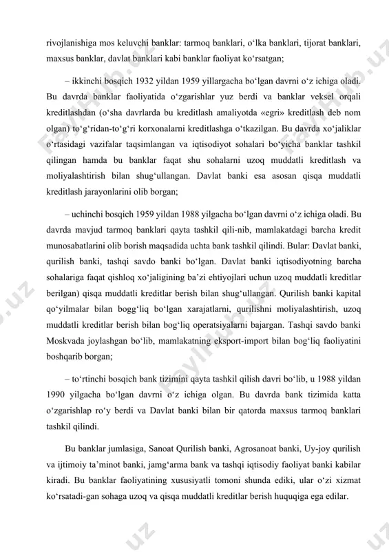 barcha xususiyatlarining inkor etilishi, sobiq «ittifoq» bank tizimining tor doirada rivojlanishiga olib keladi. markazlashtirilgan bank tizimi boshqaruv asosida faoliyat ko‘r-satayotgan respublika banklar tor doirada pul resurslari haraka-tini boshqarar, lekin resurslarni taqsimlash, emission jarayonlarni amalga oshirish va nazorat qilish sobiq «ittifoq» davlat banki qo‘lida edi. iqtisodiyotni boshqarishning markazlashtirilgan usulidan voz kechish va bozor iqtisodiyoti tomon dastlabki qadamlar qo‘yilishi bilanoq markazlashtirilgan bank tizimini qator kamchiliklari ro‘yobga chiqdi. bu esa bank tizimida tub o‘zgarishlarni amalga oshirishni talab etardi. albatta, bu bozor iqtisodiyotiga ilk qadamlar qayta qurish sharofati bilan bozorga xos ba’zi bir belgilarni totalitar iqtisodiyotga tatbiq etilishi bilan tushuniladi. bu jarayonda bank tizimining tashkiliy strukturasini o‘zgartirish, banklarning rolini oshirish, iqtisodiy tizimni rivojlanishiga ularning ta’sirini kuchaytirish, kreditni harakatdagi iqtisodiy dastakka aylantirish ko‘zda tutilgandi. bank tizimi rivojlanishining ikkinchi davri asosan o‘zbekiston mustaqillikka erishgandan keyingi davrni o‘z ichiga oladi. bu davrni quyidagi bosqichlarga bo‘lib tahlil qilish mumkin: – mustaqil o‘zbekiston bank tizimini tashkil qilishning birin-chi bosqichi. …