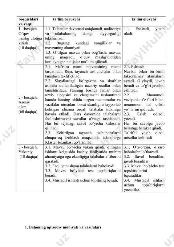 monitoring va baholash og’zaki nazorat, savol-javob, reyting tizimi asosida baholash. ma’ruza mashg’ulotining texnologik haritasi ish bosqichlari va vaqti faoliyat mazmuni ta’lim beruvchi ta’lim oluvchi 1 - bosqich. o’quv mashg’ulotiga kirish (10 daqiqa) 1.1. talabalar davomati aniqlanadi, auditoriya va talabalarning darsga tayyorgarligi tekshiriladi. 1.2. bugungi kundagi yangiliklar va mavzuning ahamiyati. 1.3. o’tilgan mavzu bilan bog’lash, mavzu, uning maqsadi, o’quv mashg’ulotidan kutilayotgan natijalar ma’lum qilinadi. 1.1. eshitadi, yozib oladi. 2 - bosqich. asosiy qism (60 daqiqa) 2.1. ma’ruza matni mavzusining matni tarqatiladi. reja, tayanch tushunchalar bilan tanishish taklif etiladi. 2.2. slaydlardagi ko’rgazma va sharhlar asosida qullaniladigan nazariy usullar bilan tanishtiriladi. fanning boshqa fanlar bilan uzviy aloqasini va chegarasini tushuntiradi hamda fanning oldida turgan muammolar va vazifalar nimadan iborat ekanligini tayyorlab kelingan chizma orqali talabalar hukmiga havola etiladi. dars davomida talabalarni faollashtiruvchi savollar o’rtaga tashlanadi. har bir rejadagi savol bo’yicha xulosalar qilinadi. 2.3. keltirilgan tayanch tushunchalarni chuqurroq izohlash maqsadida talabalarga klaster texnikasi qo’llaniladi. …