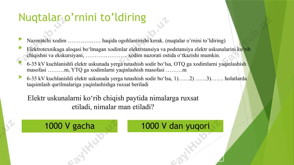 avfsizlik texnikasi shiorlarini osish, to‘siq qo‘yish va hokazolarni) bajarishga ma’suldir. ushbu elektr uskunada tezkor o‘chirish-yoqish huquqi berilgan navbatchi yoki tezkor-ta’mirlash xodimgagina, ish joyini tayyorlash huquqi beriladi. ishlashga ijozat beruvchi — ko‘rilgan xavfsizlik chora-tadbirlarning to‘la va to‘g‘riligiga, ularni naryadda ko‘rsatilgan choralarga mosligiga, ish joyi va uni xusussiyatiga, ishlashga berilgan ijozatning to‘g‘riligiga, berilayotgan yo‘riqnomaning sifati va uni to‘laligiga javob beradi. ijozat beruvchi shaxslarning, navbatchilardan yoki javobgar shaxslarning o‘rindoshlik yo‘li bilan bajarishlari mumkin bo‘lgan vazifalari shartlari bajarilgan bo‘lsa, havo elektr uzatish tarmoqlarida ishlashga ijozat berish mustasno qilingan hollarda, tezkor-ta’mirlash xodimlaridan tayinlanadi. 1000 v kuchlanishdan yuqori bo‘lgan elektr uskunalarda ishlashga ijozat beruvchi iv guruhga, 1000 v kuchlanishgacha bo‘lgan elektr uskunalarda esa ishlashga ijozat beruvchi iii guruhga ega bo‘lishi kerak ishboshi quyidagilarga javob beradi: naryad bilan 1000 v kuchlanishdan yuqori bo‘lgan elektr uskunada ishboshi elektr xavfsizligi bo‘yicha iv guruhga, 1000 v kuchlanishgacha bo‘lgan elektr uskunada esa iii guruhga ega bo‘lishi shart. tayyorlangan ish joyi naryad …