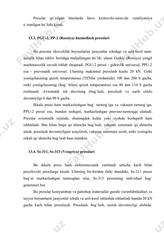 g panelida biron jarayon boshlangani xaqida signal beradigan yoritgichlar bor. pressning elektr avtomatikasi ajratgich 5 ni burib, uning dastasini 1 raqamiga to`g`ri keltirish yuli bilash ishga tushiriladi. pressning mexanik qismini ikkita tugmacha 8 va 15 ni bosib ishga tushiriladi. ustki yostiqcha 13 kizib olgandan keyin, pressni kondensatdan tozalash uchun ikki-uch marta salt ishlatiladi va shundan keyingina buyum ostki yostiqcha 14 ustiga qo`yiladi. keyin ikkita tugmacha 8 va 15 bosiladi, ustki yostiqcha 13 pastga tushadi, yoritgich 11 yonadi. press ishga tushganda ustki yostiqcha 13 ning qiziganligi xakida ma`lumot beruvchi yoritgich 12 ham yonadi. ustki yostiqcha pastga tushgandan keyin presslanayotgan buyumga ustki yostiqcha 13 ning dazmollash plitasidagi teshikdan bug` berilgani haqida signal beradigan lampochka 7 yonadi. keyin presslash davri boshlanadi. bu davr tugagandan keyin bug` va namni suruvchi ventilyator ishga tushgani xaqida ma`lumot beradigan yoritgich 10 yonadi. surish tugagandan keyin ustki yostiqcha 13 ko`tarilib, buyumni presslash tugaydi. pressning panelida xavfsizlik tugmachasi 6 …