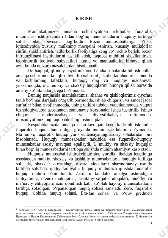 tarkibi tubdan yangilanmoqda, yuqori texnologiyalarga asoslangan zamonaviy korxonalar ishga tushirilib, ishlab chiqarish modernizatsiya va diversifikatsiya qilinmoqda, iqtisodiyotimizning raqobatdoshligi oshmoqda1. respublikamizda amalga oshirilayotgan keng koʻlamli islohotlar fuqarolik huquqi fani oldiga gʻoyatda muhim vazifalarni qoʻymoqda. ma’lumki, fuqarolik huquqi yurisprudensiyaning asosiy sohalaridan biri hisoblanadi. huquqiy munosabatlar tarkibida esa fuqarolik-huquqiy munosabatlar asosiy mavqeni egallaydi. u mulkiy va shaxsiy huquqlar bilan bogʻliq munosabatlarni tartibga solishda muhim ahamiyat kasb etadi. huquqiy munosabat ishtirokchilarining yuridik jihatdan tengligiga asoslangan mulkiy, shaxsiy va tashkiliy munosabatlarni huquqiy tartibga solishda, shaxslar oʻrtasidagi oʻzaro aloqalarni shartnomaviy usulda tartibga solishda, ijodiy faoliyatni huquqiy muhofaza qilishda fuqarolik huquqi muhim oʻrin tutadi. zero, u kundalik amalga oshiradigan faoliyatimiz, oʻzaro muloqotlar, tashkiliy-xoʻjalik aloqalari, moddiy va ma’naviy ehtiyojlarimizni qondirish kabi koʻplab hayotiy munosabatlarni tartibga soladigan, oʻrganadigan huquq sohasi sanaladi. zero, fuqarolik huquqi alohida huquq sohasi, ilm-fan sohasi va oʻquv predmeti 1 каримов и.а. асосий вазифамиз – жамиятимизни ислоҳ этиш ва демократлаштириш, мамлакатимизни модернизация қилиш жараёнларини янги босқичга …