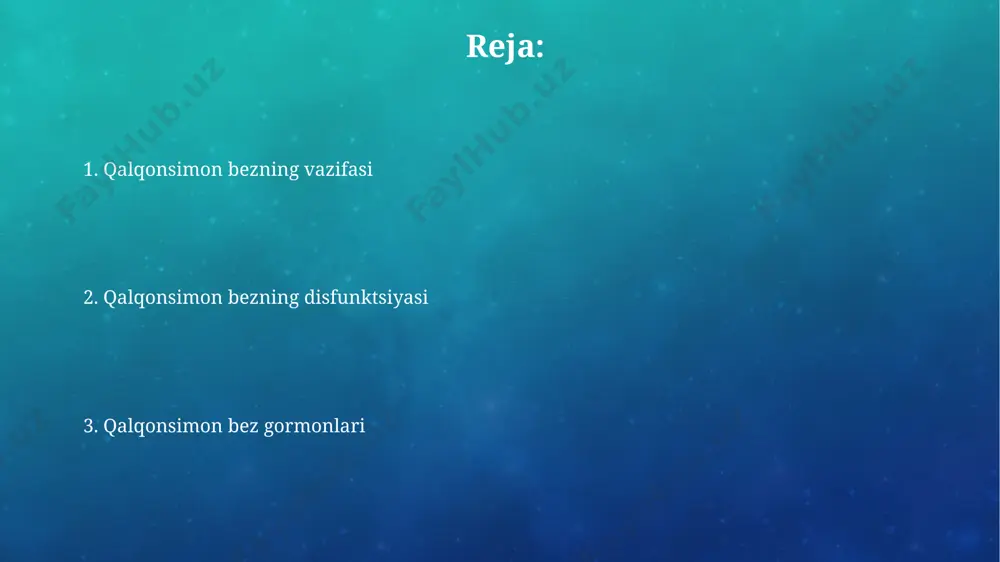 alliklarini davolash qalqonsimon bez saratoni holatida, jarrohlik amaliyoti va keyinchalik radioaktiv yod (i-131) terapiyasi qo'llaniladi. gemoterapiya kamdan-kam hollarda, 3-bosqichdan yuqori agressiv saraton turlarida ishlatilishi mumkin. qalqonsimon bez giperfunksiyasi (gipertireoz) holatida, tiamazol yoki propiltiouratsil kabi antitiroid dorilar qo'llaniladi. radioaktiv yod (i-131) bilan davolash samarali usul hisoblanib, 6-12 hafta davomida ta'sir qiladi. qalqonsimon bez gormonlari qalqonsimon bez gormonlari yodlangan aminokislotalar bo'lib, ularning asosiy turlari tiroksin (t4), 4 yod atomi va triiodotironin (t3) 3 ta yod atomini o'z ichiga oladi va metabolizmni boshqaradi. gipotalamus trh gormonini ajratadi, u gipofiz bezini tsh, ya'ni qalqonsimon bezni stimullaydigan gormon ishlab chiqarishga undaydi, bu jarayon qalqonsimon bez gormonlari sintezini boshqaradi. qalqonsimon bez kasalliklarining sabablari radiatsiya ta'siri, jumladan, tibbiy davolanishdan (131i yod radioaktiv izotopi) yoki yadroviy avariyalardan (masalan, chernobil), qalqonsimon bez hujayralariga zarar yetkazishi, gipotireoz yoki saraton rivojlanish xavfini oshirishi mumkin. ba'zi odamlarda autoimmun kasalliklar, masalan, hashimoto tireoiditi, qalqonsimon bezga hujum qiladi va uni zararlaydi, natijada gipotireozning 90% …