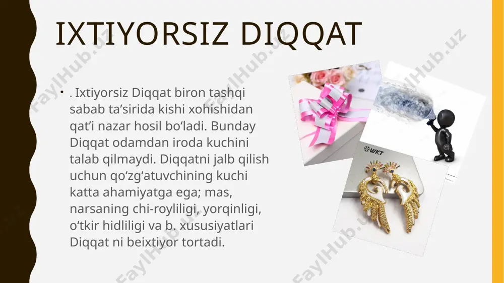 trlovchi ikki asosiy: periferik va markaziy guruhlari ko‘rib chiqiladi. periferik mexanizmlarga his-tuyg‘u organlarini sozlashni kiritish mumkin. kuchsiz tovushni eshitgan odam tovush kelgan tomonga qaraydi, shu vaqtning o‘zida mos keluvchi mushak nog‘ora pardasining ta’sirchanligini oshirgan holda uni tortadi. d.e.brodbentning fikricha, diqqat – axborotni, aynan, kirib kelishda, ya’ni periferiyada tanlab o‘tkazuvchi filtr. u, agar odam bir vaqtning o‘zida turli axborotni ikki qulog‘i bilan qabul qilgan bo‘lsa, lekin qo‘llanmaga binoan, faqat chap qulog‘i bilan qabul qilishi zarur bo‘lgan holatda, o‘ng quloqqa uzatilgan axborot umuman qabul qilinmaganligini aniqladi. keyinchalik periferik mexanizmlar axborotni fizikaviy xususiyatlariga ko‘ra tanlab o‘tkazishi aniqlandi. diqqatning fiziologik asoslari haqida gap yuritilganida, yana ikki muhim hodisa: nerv jarayonlarining irradiatsiyasi va dominantlik haqida aytib o‘tish joiz. ch.sherrington tomonidan belgilangan va akademik i.p. pavlov tomonidan keng qo‘llanilgan nerv jarayonlarining induksiyasi qonuniga binoan, bosh miya po‘stlog‘ining biror sohasida yuzaga keladigan qo‘zg‘alish boshqa sohalarining tormozlanishiga sabab bo‘ladi (baravar induksiya) yoki miya ushbu sohasining tormozlanishi bilan almashinadi …