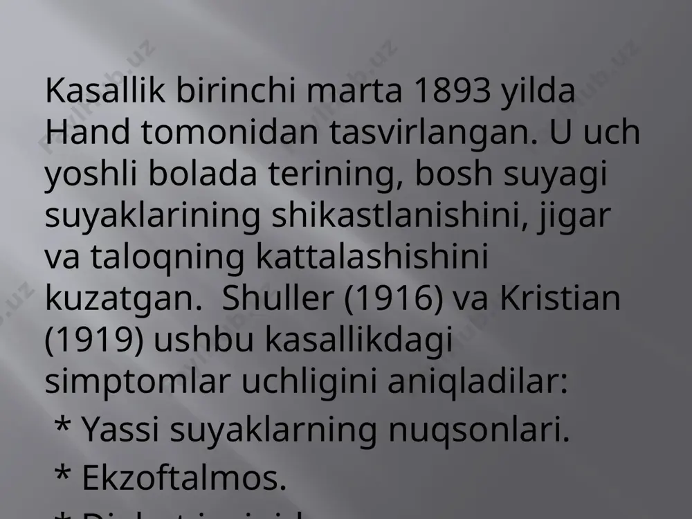 qisilishi qayd etiladi. kasallik xronga ega bo'lishi mumkin. kurs va sekin rivojlanadi. lif, tugunlar, jigar, taloq va boshqa organlarning shikastlanishi bilan jarayonning mumkin bo'lgan tarqalishi. qonda, ba'zida o'rtacha anemiya qayd etiladi, suyak iligi ponksiyonida pansitopeniya (gipoplastik anemiya) - ba'zida histiotsitik elementlar bilan infiltratsiya. диагноз устанавливают на основании клин, картины, результатов цитол. и гистол. исследования очагов поражения, а также рентгенол. исследования костей. в иунктате опухолевых образований кожи и мягких тканей выявляют инфильтрацию атипичными гистиоцитарными клетками с макрофагальной функцией, признаки эритрофагоцитоза; по мере прогрессирования заболевания такие инфильтраты обнаруживают в костном мозге. . hand-schuller-christian kasalligida bosh suyagining rentgenogrammasi: frontal suyakda aniq aks etgan suyak nuqsoni вмешательство. davolash murakkab va infiltratlarning tarqalish xususiyatlariga bog'liq. fokal suyak lezyonlari, radiatsiya terapiyasi va jarrohlik uchun jarrohlik uchun ko'rsatma bir yoki bir nechta jarohatlarning tez kengayishi suyakning sezilarli darajada buzilishi korteksning yupqalashishi xavfli patol. sinish, ta'sir qilingan suyakdagi og'riqni kuchaytirish qo'shimchalardagi kontrakturalarning paydo bo'lishi, oqsoqlik, mushak atrofiyasi. kichik …