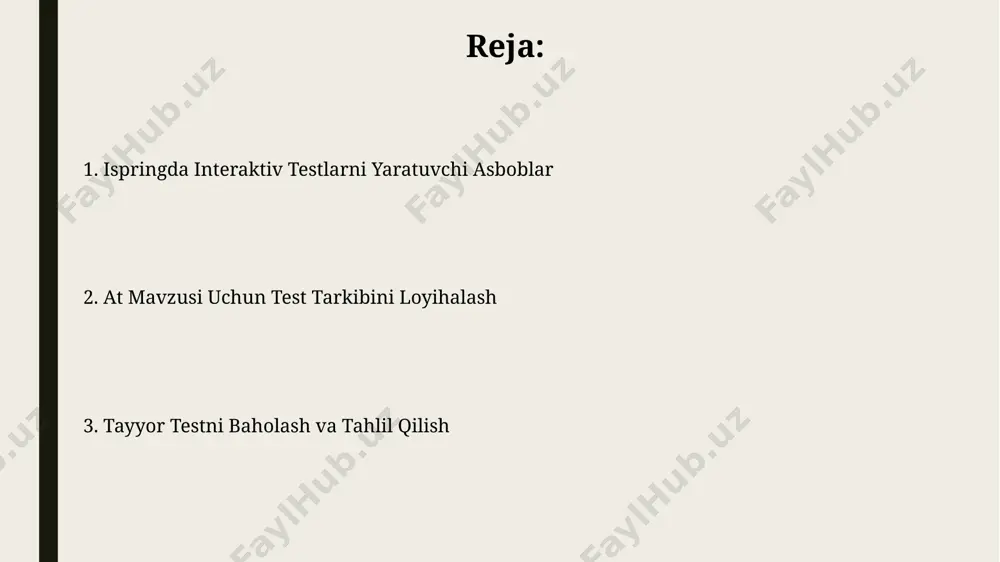 'yishingiz mumkin. masalan, toshkentdagi maktabda o'tkazilgan sinovda, 70% to'g'ri javob berganlar muvaffaqiyatli deb hisoblangan. to'g'ri javoblarni aniqlash uchun ispring sizga "correct answer" funksiyasidan foydalanish imkoniyatini beradi. masalan, 5 ta variantdan faqat 2 tasi to'g'ri bo'lsa, ikkalasini ham belgilashingiz kerak, bu natijalarni aniqroq qiladi. talabalar uchun testga kirish testga kirish uchun talabalarga shaxsiy kod va parol beriladi, ular toshkentdagi 3 ta server orqali tizimga kira oladilar, shuningdek, test davomiyligi 60 daqiqa bilan cheklangan. ishlatilgan ispring funksiyalari, masalan, shovqinli fonni o'chirish va ko'p tanlovli savollarni qo'shish, testning sifati va talabalar uchun qulayligini oshiradi, shu bilan birga 25 ta shaharlardan kelgan 200 nafar talaba ishtirok eta oladi. xatolarni tuzatish va takomillashtirish foydalanuvchilarning 75% i bir xil xatoni qilganini ko'rsatuvchi ma'lumotlarga asoslanib, isfara shahridagi o'quvchilarga moslashtirilgan, tushunarliroq va aniqroq savol formulalarini yaratish orqali testni takomillashtirish mumkin. test natijalarini 10% ga yaxshilash maqsadida, 200 ta o'quvchidan olingan javoblar asosida xatolar statistikasini tahlil qilib, yangi savollar …