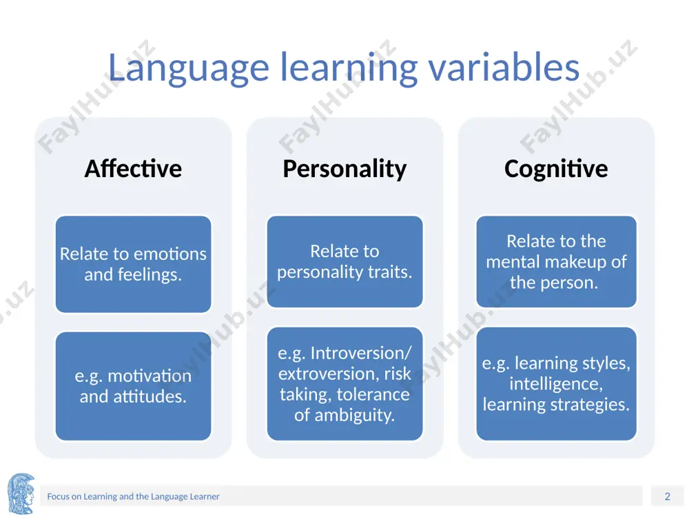 and the language learner motivating students in the classroom the content needs to be relevant to their age and level of ability, and the learning goals need to be challenging yet manageable and clear. varying the activities, tasks, and materials to increase students’ interest levels. using cooperative rather than competitive goals to increase students’ self-confidence. cultural and age differences will determine the most appropriate way for teachers to motivate students. ‹#› focus on learning and the language learner attitudes (1/3) attitudes towards the target language people (reference group): positive attitudes will make language learning more enjoyable and effective. if you dislike the reference group you may resist learning their language. ‹#› focus on learning and the language learner attitudes (2/3) attitudes towards your country: ethnocentricity: a belief in the superiority of your own country. if you are ethnocentric you believe that other people should learn your language and not you …