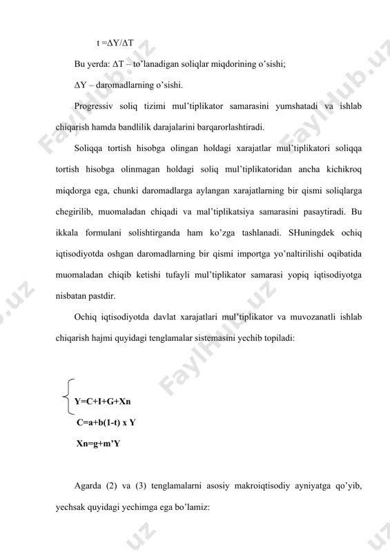 gan byujet mul’tiplikatori deb yuritiladi. balanslashgan byujet mul’tiplikatori birga teng yoki undan kichikroq bo’ladi. davlat xarajatlari o’zgarishidan yuzaga keladigan mul’tiplikativ samara soliqlar pasayishidan olinadigan mul’tiplikativ samaradan kattaroq bo’ladi. bu holat davlat xarajatlarining daromadlar va is’temol hajmiga ta’siri (soliqlar o’zgarishi ta’siriga nisbatan) kuchliroq ekanligi oqibatidir. ushbu farq fiskal siyosat vositalarini tanlashda muhim rol’ o’ynaydi. agar hukumat davlat sektorini kengaytirmoqchi bo’lsa, davriy pasayishni tugatish uchun o’z xarajatlarini oshirishi, inflyatsiyani cheklash uchun esa soliqlarni oshirishi maqsadga muvofiq bo’ladi. aksincha, fiskal siyosat davlat sektorini cheklashga qaratilgan bo’lsa, davriy pasayish sharoitida soliqlarni kamaytiradi, davriy ko’tarilish paytida esa davlat xarajatlarini oshirish maqbul yo’l hisoblanadi. 3. diskret va nodiskret fiskal’ siyosat. byudjet taqchilligi va ortiqchaligi. hukumatning bandlik darajasi, ishlab chiqarish hajmi, inflyatsiya sur’atlari va to’lov balansi holatini o’zgartirishga yo’naltirilgan maxsus qarorlarni qabul qilishi natijasida davlat xarajatlari, soliqlar va davlat byudjeti qoldig’ini maqsadli o’zgartirilishi diskret fiskal siyosat deyiladi. diskret fiskal’ siyosat yuritilganda iqtisodiy pasayish davrida jami talabni rag’batlantirish …