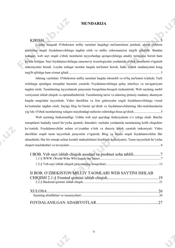 hilar fikr almashishi; har bir retsept uchun kerakli mahsulotlarni hisoblash kalkulyatori; taom tayyorlash bo‘yicha ekspert maslahatlari va tavsiyalari. loyiha yakunida foydalanuvchilarga o‘zbek oshxonasini chuqur o‘rganish imkoniyati yaratiladi. milliy taomlarimizning tayyorlanish jarayonini soddalashtirish, an'anaviy va zamonaviy usullarni birlashtirish orqali web sayt turli yoshdagi foydalanuvchilar uchun qulay platformaga aylanadi. saytning rivojlanishi natijasida nafaqat mahalliy, balki xorijiy foydalanuvchilar ham o‘zbek taomlariga qiziqish bildirishadi. bu esa milliy oshxonamizni xalqaro miqyosda targ‘ib qilishga hissa qo‘shadi. o‘zbek oshxonasining boy tarixi, rang-barang taomlari va ularning tayyorlanish usullari haqida to‘liq ma’lumot beruvchi ushbu web sayt foydalanuvchilar uchun qimmatli manba bo‘lib xizmat qiladi. shuningdek, sayt foydalanuvchilari o‘zbek taomlari haqidagi bilimlarini oshirib, o‘z oshxonalarida yangi retseptlarni sinab ko‘rishlari mumkin bo‘ladi. i bob. veb sayt ishlab chiqish asoslari va predmet soha tahlili 1.1-§ www (world wibe wb) haqida ma’lumot internet deb ham ataladigan world wide web - bu veb-serverlarda saqlanadigan va internet orqali mahalliy kompyuterlarga ulangan veb-saytlar yoki veb-sahifalar to'plami. ushbu …