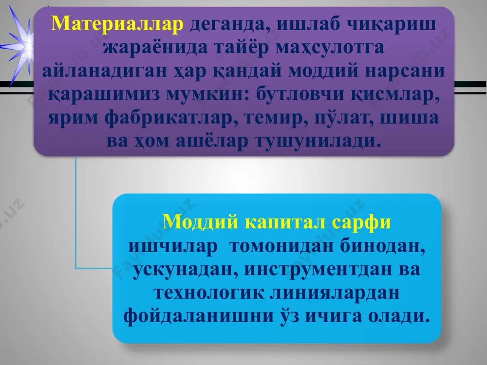 ор шароитида ёлланади ва ижарага олинади. меҳнат ҳақи бир соатлик иш ҳaқи билан ўлчанади ва уни w орқали белгилаймиз. капитал нархи — ускуна, машиналарнинг бир соатлик ижара ҳақига тенг дейлик ва уни r деб белгилаймиз. меҳнат ва капитал рақобатлашган бозор шароитида ёлланиши ва ижарага олинишини эътиборга олсак, уларнинг нархи бозорда аниқланади ва ўзгармайди. демак, меҳнат ва капитал нархлари ўзгармайди. берилган харажатларда ишлаб чиқаришни максималлаштириш масаласини қарашда харажатлар чизиғидан, яъни изокостадан фойдаланамиз. изокоста — бу ишлаб чиқариш харажатларини ифодаловчи чизиқ бўлиб, у умумий қиймати бир хил бўлган иккита ишлаб чиқариш омиллари сарфларининг барча комбинацияларини ифодаловчи нуқталарни ўз ичига олади, яъни умумий қиймати бир хил бўлган меҳнат ва капитал сарфлари комбинацияларни ифодаловчи нуқталарни ўз ичига олади. агар фирманинг ишлаб чиқариш омилларига сарфланадиган бюджетни с деб белгиласак, ишчи кучига сарфини ва капиталга сарфини, десак, изокостани ифодаловчи тенгламани sуйидагича ёзиш мумкин: (1) демак, фирманинг ишчи кучига сарфи билан капиталга сарфи йигиндиси унинг умумий харажати …