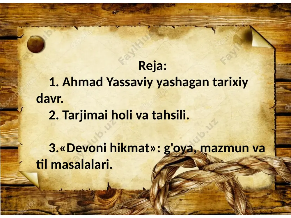 i. she'riyatda ijtimoiy mazmun, odob-axloq, turli xil insoniy fazilat va his-tuyg'ular o'z ifodasini topgan edi. o’sha davrda axloqiy-tarbiyaviy adabiyotning rivojlanishidagi asosiy sabablardan biri, unda jamiyatning muhim masalalari – insonlar orasidagi tenglik, adolat, ezgulik, xalq manfaatining ustunligi, inson kamoloti uchun tinimsiz kurash kabilarning keng yoritilishi edi. xuddi shu vaziyatda yassaviy islom ma'rifatini ommaga etkazish uchun mustaqil tariqat tuzib, qur'on va hadisga asoslangan fikr-qarashlari bilan turkiy xalqlarning musulmonlashuv jarayoniga kuchli ta'sir ko'rsatdi. xii asrning ikkinchi yarmida hukmdor sulton sanjar 1157-yil vafot etgach, movarounnahrda xorazmsho hukmdorligi kuchli bir musulmon davlati barpo etdilar. natijada, buxoro madrasalari faoliyatiga alohida e'tibor bilan qaraldi, talabalarning ta'lim olishlariga yordam berildi. hukmronlik tez-tez almashib turganiga qaramay, madaniy hayot barqarorligi davom etavergan bu davrda taxtga kelgan har bir hukmdor fan-madaniyatni qo'llab-quvvatlagan, o'z atrofiga ilm ahlini to'plagan. ahmad yassaviy yashab, faoliyat ko'rsatgan davr markaziy osiyo madaniy hayoti taxminan shunday edi. tarjimai holi ahmad yassaviy xi asrning o'rtalarida hozirgi turkiston viloyatining yassi …