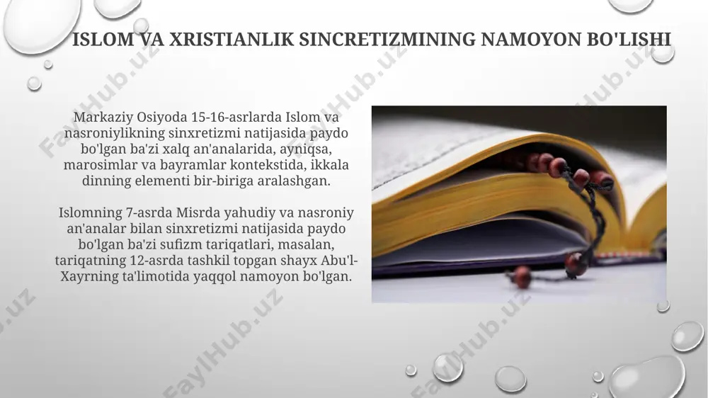 qodlar va sufiylikning sincretizmi natijasida, yangi diniy mazhablar paydo bo‘lgan. islom va zardushtiylik sincretizmining ta'siri markaziy osiyoda, taxminan 10-12 asrlarda, islom va zardushtiylikning sincretik shakllari paydo bo'lib, ularning ibodatxonalari (20 dan ortiq) ko'pincha qadimiy zardushtiylik ibodatxonalarining o'rnida qurilgan. islomning zardushtiylik bilan sincretizmi natijasida, ayniqsa, eron va afg'oniston hududlarida, 5 dan ortiq mahalliy muqaddas joylar va qabristonlar zardushtiylik va islom urf-odatlarining aralashuvi bilan ajralib turgan. islom va hindiston dinlari sincretizmi 16-asrda akbar shoh davrida hindiston islomida sinkretizmning kuchli namoyishi kuzatildi, bu davrda din-i ilahi deb nomlangan yangi din yaratildi, u islomiy, hindu va zardushtiylik elementlarini o'z ichiga oldi. gʻarbiy bengalning ba'zi hududlarida, taxminan 18-asrda, islomiy va hindu an'analarining sintezidan kelib chiqqan "aṭṭālīk" kabi noyob diniy guruhlar paydo bo'ldi, ularning amaliyotlari ikki dinning o'ziga xos xususiyatlarini aks ettirdi. islom taqvimi va marosimlarida sincretizm izlari 7-8-asrlar davrida markaziy osiyoda islomning tarqalishi jarayonida mahalliy anʼanalar, jumladan, animistik va zardushtiy eʼtiqodlarning elementlari, 12 imo-ishora va …