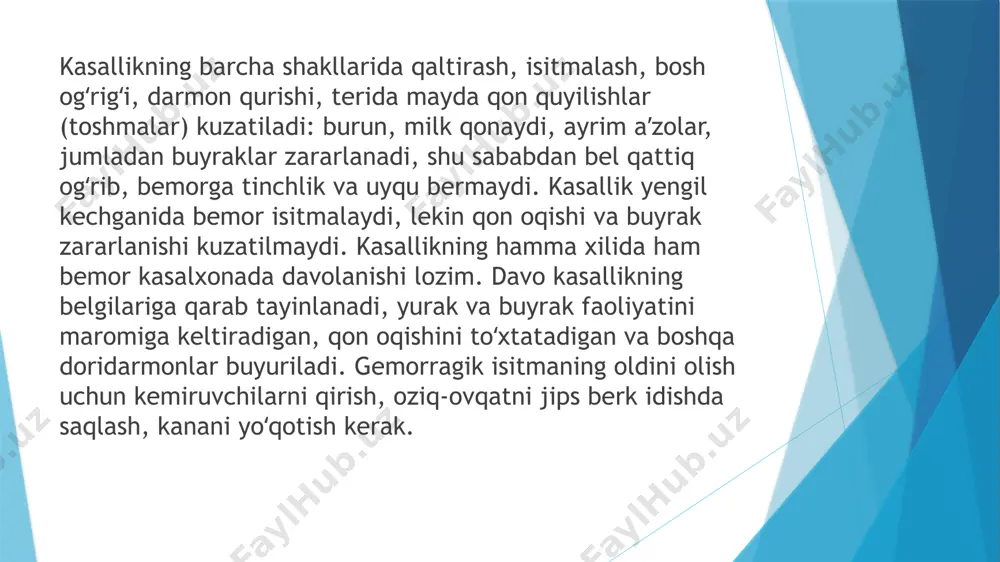 ishmovchiligiga duch kelishlari mumkin. jiddiy o'pka bilan og'riganlarda o'lim xavfi 50-70% ni tashkil qilad davolanish leptospiroz antibiotiklar (doksisiklin, penitsillin yoki seftriakson) bilan davolash kerak. image1.png image2.png image3.png image4.png image5.png image6.png image7.png image8.png image9.png image10.png image11.png image12.png image13.png image14.png image15.png /docprops/thumbnail.jpeg