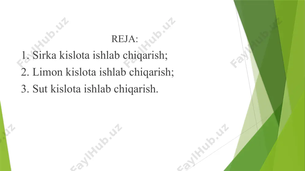 il spirtini oksidlab sirka kislota hosil qilish xususiyatiga egadir. sanoat sharoitida sirka kislotani mikrobiologik sintez qilish, sirka kislotali bakteriyalarni suyuqlikda uzluksiz oʻstirish usulidan foydalanib, ketma ketlikdagi fermentyorlar birikmalarida amalga oshiriladi. sirka kislota ishlb chiqarishning texnologik jarayonlari quyidagi asosiy bosqichlarni tashkil etadi: 1. ekish materialini olish; 2.xom ashyolarni tayyorlash; 3. fermentatsiya; 4. tayyor maxsulotni tindirish va quyish. sirka kislota ishlab chiqarishning texnologik chizmasi ishlab chiqarishda sirka kislotali bakteriyalarning ikki xil turi bacterium schutzenbachii va bacterium curvum qoʻllaniladi. ekish materialini laboratoriyalarda sirka kislotali bakteriyalarni suyuq oziqada kolbalarda, mikrobiologik tebratgichda, soʻngra 30 l. hajmli laboratoriya fermentyorlarida oʻstirib olinadi. sirka kislota olish uchun xom ashyo sifatida etil spirti, rektifikat yoki tozalangan yogʻdan foydalaniladi. sirka kislotali bakteriyalarning hayot faoliyati oziqa muhiti kislotaligiga bogʻliq boʻladi. ularning yaxshi rivojlanishi uchun moʻtadil ph koʻrsatkichi 3,0-3,2 oraligʻida boʻladi. oziqa muhitidagi sirka kislota va etil spirti miqdori ham mikroorganizmlar hayot faoliyatida muhim rol oʻynaydi va katta taʼsir koʻrsatadi. kislotalarning moʻtadil …
