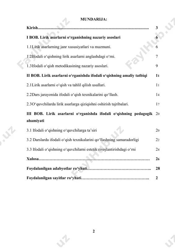 quvchilar tafakkuri va nutq madaniyatini rivojlantirishda muhim rol o‘ynaydi. ishning maqsadi – lirik asarlarni ifodali o‘qish orqali anglashning nazariy va amaliy asoslarini o‘rganish hamda bu jarayonni ta’limda qo‘llashning samaradorligini ko‘rsatishdir. mazkur ishda lirik asarlarning o‘quv jarayonidagi o‘rni, ularni ifodali o‘qishning texnikalari va usullari, shuningdek, badiiy asarlarni anglashga bo‘lgan qiziqishni oshirish yo‘llari o‘rganiladi. shu bilan birga, nazariy va amaliy jihatlar alohida boblarda tahlil qilinadi. kurs ishining tuzilishi ikki bobdan iborat bo‘lib, birinchi bobda nazariy asoslar, ikkinchi bobda esa amaliy jarayonlar yoritiladi. kurs ishining dolzarbligi - hozirgi ta’lim tizimida lirik asarlarni o‘rganish jarayoni nafaqat adabiy bilimlarni oshirish, balki o‘quvchilarning ma’naviy olamini boyitish, ularning estetik didini shakllantirishda ham muhim ahamiyat kasb etadi. bunda ifodali o‘qish metodikasi asosiy vositalardan biri hisoblanadi. lirik asarlarni ifodali o‘qish orqali ularning badiiy g‘oyasi va ma’nosini chuqurroq anglash mumkin. ushbu metodika o‘quvchilarning nutq madaniyatini rivojlantirish, fikrlash qobiliyatini oshirish va asar mazmuniga bo‘lgan estetik munosabatini shakllantirishda alohida o‘rin tutadi. bugungi …