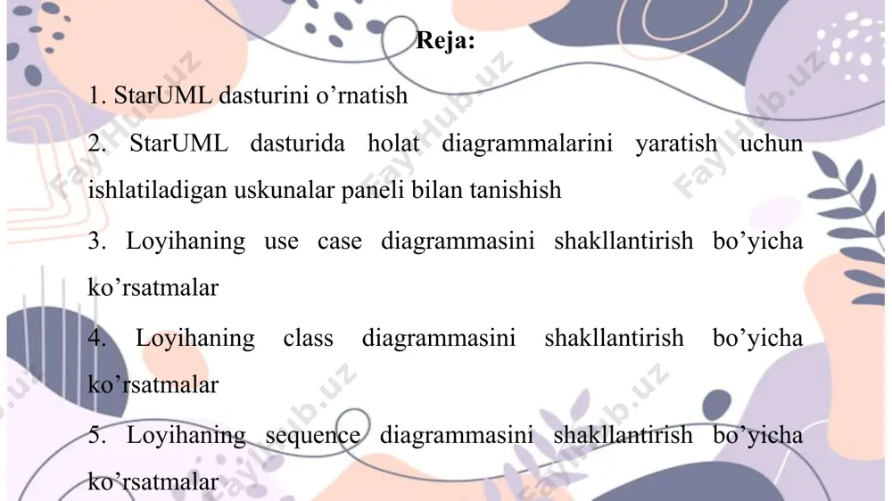 va odell [1992] uml shuningdek, kengaytma mexanizmlari va cheklash tili kabi o'sha paytda boshqa asosiy usullarda mavjud bo'lmagan yangi tushunchalarni ham o'z ichiga oladi. use case diagrammasini shakllantirish jarayonida quyidagi elementlardan foydalaniladi: actor use case association directed association generalization dependency include extend system boundary package onlayn ta’lim platformasi uchun uml diagrammalarini ishlab chiqish loyihaning use case diagrammasi sinf diagrammasi yaratish uchun, tizimni yaratishda ishlatilgan dasturlash tili (masalan, java, c++, python va boshqalar) asosida, klasslar, interfeyslar, o'zgaruvchilar va metodlar yaratiladi. sinf va ularning aloqador xususiyatlari klasslar diagrammasida namoyish etiladi. sinf diagrammasi tizim yaratishda juda muhim bo'lib, tizimni tushuntirish va tizimni yaxshilashda yordam beradi. loyihaning class diagrammasi. sequence diagrammasi vaqt ketma-ketligiga asoslangan ob'ektlarning hamkorligini modellashtiradi. u foydalanish holatining muayyan stsenariysida ob'ektlarning boshqalar bilan qanday o'zaro ta'sirini ko'rsatadi. ilg'or vizual modellashtirish qobiliyati bilan siz bir necha marta bosish orqali murakkab ketmaketlik diagrammasini yaratishingiz mumkin. bundan tashqari, visual paradigm kabi ba'zi modellashtirish vositalari siz …