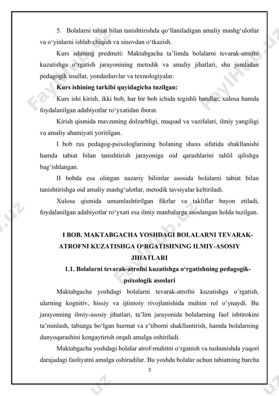 ar bir bob ichida tegishli bandlar, xulosa hamda foydalanilgan adabiyotlar ro‘yxatidan iborat. kirish qismida mavzuning dolzarbligi, maqsad va vazifalari, ilmiy yangiligi va amaliy ahamiyati yoritilgan. i bob rus pedagog-psixologlarining bolaning shaxs sifatida shakllanishi hamda tabiat bilan tanishtirish jarayoniga oid qarashlarini tahlil qilishga bag‘ishlangan. ii bobda esa olingan nazariy bilimlar asosida bolalarni tabiat bilan tanishtirishga oid amaliy mashg‘ulotlar, metodik tavsiyalar keltiriladi. xulosa qismida umumlashtirilgan fikrlar va takliflar bayon etiladi, foydalanilgan adabiyotlar ro‘yxati esa ilmiy manbalarga asoslangan holda tuzilgan. i bob. maktabgacha yoshdagi bolalarni tevarak-atrofni kuzatishga o‘rgatishning ilmiy-asosiy jihatlari 1.1. bolalarni tevarak-atrofni kuzatishga o‘rgatishning pedagogik-psixologik asoslari maktabgacha yoshdagi bolalarni tevarak-atrofni kuzatishga o’rgatish, ularning kognitiv, hissiy va ijtimoiy rivojlanishida muhim rol o’ynaydi. bu jarayonning ilmiy-asosiy jihatlari, ta’lim jarayonida bolalarning faol ishtirokini ta’minlash, tabiatga bo‘lgan hurmat va e’tiborni shakllantirish, hamda bolalarning dunyoqarashini kengaytirish orqali amalga oshiriladi. maktabgacha yoshdagi bolalar atrof-muhitni o‘rganish va tushunishda yuqori darajadagi faoliyatni amalga oshiradilar. bu yoshda bolalar uchun tabiatning barcha …