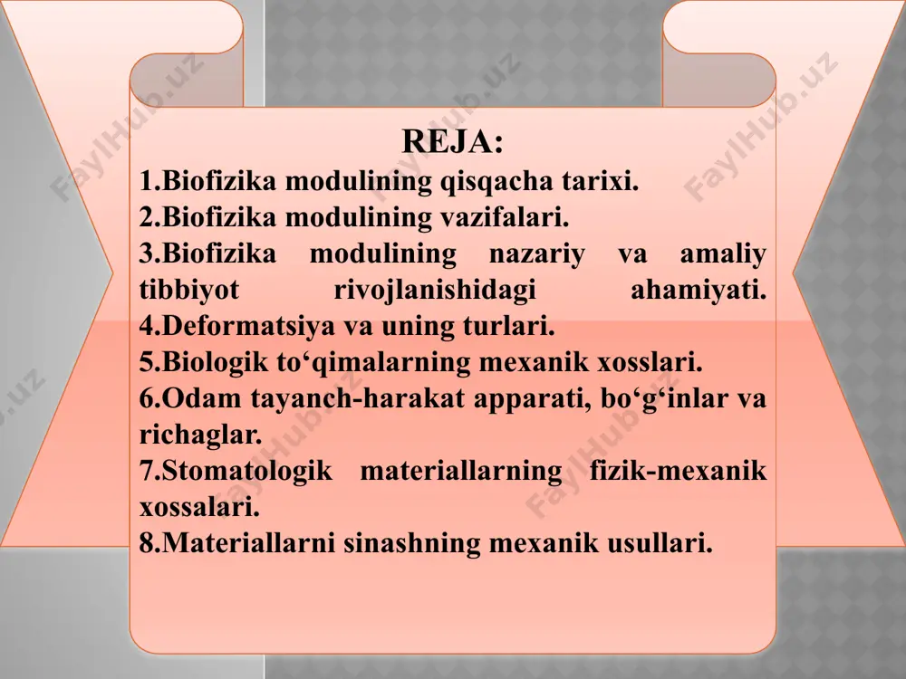 shprislar va ignalar; 3. diagnostika va terapiya uchun mexanik apparatlar; 4. endoskopik pribor va apparatlar; 5. sterilizatsiya, dezinfeksiya va distillyatsion jihozlar; 6. narkoz, sun’iy natas va kislorodli terapiya uchun apparatlar; 7. shifokorlar xonalari va operatsion zallarnmg jihozlanishi; 8. tish shifokori xonalarining jihozlari; 9. elektromeditsina priborlari va apparatlari; 10. rentgen apparatlari va jihozlari; 11. oftalmologik apparatlar, priborlar va ko'zoynakli optika; 12: tibbiy laboratoriyalarni jihozlash uchun pribor va apparatlar; 13. radiologik, diagnostik va terapevtik texnika; 14. ortopedik mahsulotlar; 15. rentgenologik trubkalar; 16. k o‘chma tibbiy ambulatoriya va laboratoriyalar. mamlakatlaming xalqaro kelishuviga asosan barcha tibbiy texnika jihozlari 16 ta asosiy guruhga bo`linadi: biofizika modulining nazariy va amaliy tibbiyot rivojlanishidagi ahamiyati. hozirgi davrda biofizika nazariy va amaliy tibbiyot rivojiga sezilarli ta’sir ko‘rsatmoqda. oxirgi vaqtda tibbiyot biofizikasi shakllandi. uning asosiy vazifalaridan biri-organizm funksional holatini ob’ektiv baholash uchun qo‘llash mumkin bo‘lgan fizikaviy va kimyoviy parametrlarnianiqlashdan iboratdir. hayotiy jarayonlarning buzilishi haqida aynan shu parametrlarning o‘zgarishiga ko‘ra xulosa …