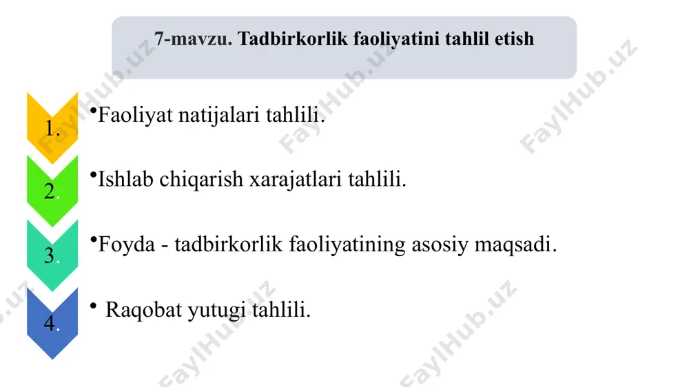 tahlil operativ tahlil korxonani faoliyat natijalarini baholashga yo‘naltirilgan bo‘ladi. 01.04.2023 7 operativ tahlil mahsulot sifatini taʼminlashda va xarajatlarni optimallashtirishda muhim rol o‘ynaydi, u resurslarni boshqarishni samarali vositasi bo‘lib xizmat qiladi. 7 operativ tahlil ishlab chiqarish xo‘jalik faoliyatini barcha tomon va jixatlariga taaluqli bo‘lib, quyidagilarni o‘z ichiga oladi: korxona faoliyati natijalarini tahlil qilish ishlab chiqarish xarajatlari tahlili mahsulot tahlili 01.04.2023 8 2. ishlab chiqarish xarajatlari tahlili. tadbirkorlik faoliyatining asosiy iqtisodiy ko‘rsatkichlaridan biri ishlab chiqarish xarajatlaridir. chunki xech qanday xarajatlarsiz bu faoliyatni amalga oshirib bo‘lmaydi. xar qanday iqtisodiy faoliyat uchun maʼlum mikdordagi resurslarni jalb qilishga to‘g‘ri keladi. oʼz navbatida bu resurslarni u yoki bu ishga jalb qilish uchun ularni sotib olishi kerak, demak mablag‘ sarf qilish kerak. ushbu resurslardan foydalanish jarayonida ularni xarid qilish uchun sarflarning bir qismi tadbirkorlikning ishlab chiqarish xarajatlariga aylanadi. shunday qilib, tovarlarni ishlab chiqarish va ularni sotish jarayonida ishlab chiqarish omillaridan foydalanishning puldagi ifodasi korxonaning ishlab chiqarish xarajatlari …
