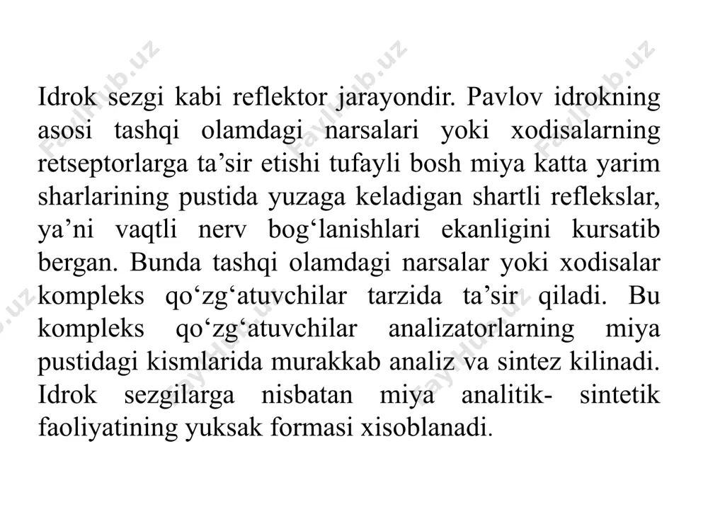qilishda binokulyaar ko‘rish ishga tushadi, ikki kuz bilan kuriladi. ikki kuz bir-biridan ma’lum oraliqda bo‘lgani uchun narsaning ung va chap kuz tur pardalariga tushgan surati bir-biriga aynan uxshash bo‘lmaydi. xar bir kuz narsaning unga qaragan tomonini ko‘proq kuradi. ikki kuzdan xar biri orqali olingan va bir-biridan bir oz farklanuvchi suratlar birga kushilishi natijasida yagona, lekin xamma obraz yuzaga keladi. xajmi idrok qilishda yorug va soyaning joylashuvini xisobga olish katta axamiyatga ega. narsaning burtib chikkan kismi odatda yaxshi yoritilgan bo‘ladi. vaqtni idrok qilish deyilganda, xodisalar ketma-ketligi va davomiyligini miyada aks etishi tushuniladi. xodisalarning vaqt jixatidan yondosh ta’sir kursatishlari sababli shartli refleks bog‘lanishlarining vujudga kelishi bilan natijada xodisalar miyada izchil aks etadi. chakmok chakishi bilan momakaldirok va bulut bilan yomgir o‘zaro sabab natija alokalariga kura xam, shuning bilan birga,o‘zaro muayyan tartibda va faqat vaqt jixatdan bog‘lanishiga kura xam aks etishi mumkin. idrokning muhim jabhalari va tarkiblari mohiyatiga kiruvchilar qatoriga ko‘z bilan aks …