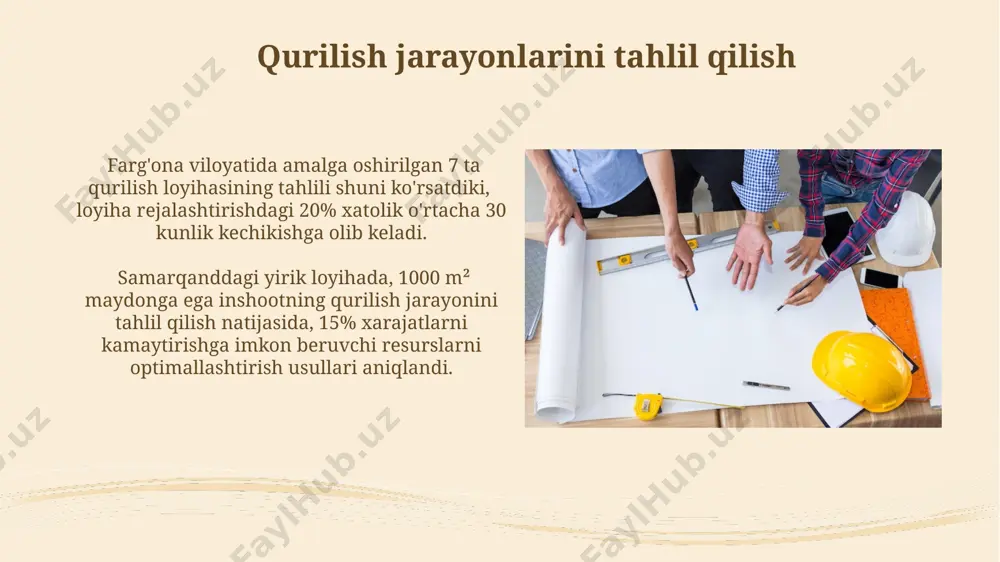 oidalar va 3 ta asosiy manfaatdor tomonlarning (davlat, pudratchi, investor) talablarini birlashtirish muhimdir. loyiha doirasini aniqlashda resurslar (20 million dollar, 100 ishchi kuchi) va vaqt chegaralari (24 oy) kabi omillar hisobga olinishi zarur. muammolarni hal qilish va qarorlar qabul qilish xorazm viloyatida joylashgan 25 ta binoning qurilishida kelib chiqqan 5 xil xavfni baholash va 3 ta turli strategiya asosida ularni bartaraf etish bo'yicha qarorlar qabul qilindi. samarqanddagi yirik qurilish obyektida 10% xarajatlarni tejash uchun 2 ta texnologik echimni taqqoslash va eng maqbulini tanlash orqali 7 kun ichida muammo hal qilindi. xavflarni boshqarish buxoro viloyatida joylashgan tarixiy obidani ta'mirlashda 7 ta turli xil xavf omillari aniqlangan bo'lib, ularning 3 tasi geologik xususiyatlar bilan bog'liq, qolganlari esa ob-havo sharoitlariga bog'liq. farg'ona viloyatida 2023-yilda amalga oshirilgan 3 ta yirik qurilish loyihasining tahlili shuni ko'rsatdiki, rejalashtirish bosqichidagi xatolar tufayli 10% ga yaqin qo'shimcha xarajatlar kelib chiqdi. vaqt jadvalini tuzish samarqanddagi 50 qavatli bino qurilishining …