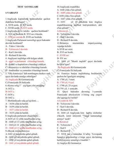 angliyada 17-18 asrlar davrida iqtisodiyot test savollari — DOCX