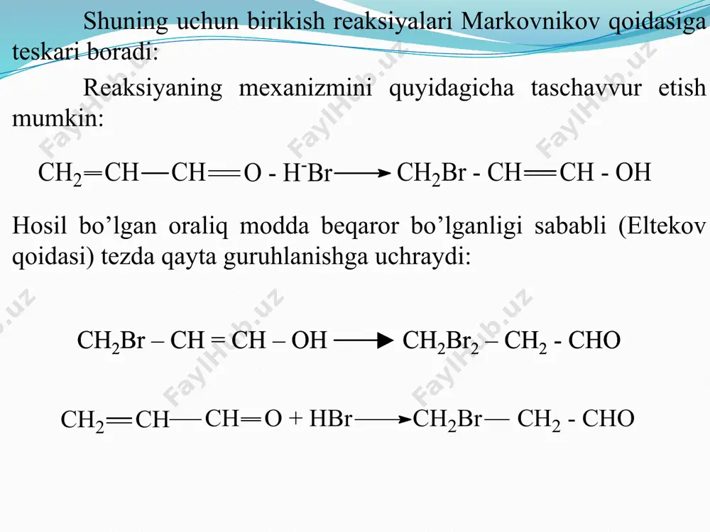 id ishtirokida jarayonni boshlab beruvchi faol oraliq modda bo’lib xizmat qiladi: bu jarayonda dastlabki modda sifatida aromatik uglevodorodlardan tashqari fenollarning efirlari ham ishlatilshi mumkin. 2. to’yinmagan ketonlar aromatik aldegidlarning yog’ qator ketonlari bilan o’zaro ta’siri natijasida olinishi mumkin: fizik va kimyoviy xususiyatlari. aromatik ketonlar yoqimli gul hidiga ega bo’lgan, suvda erimaydigan suyuq yoki qattiq moddalardir. aromatik ketonlarning reaksiyaga kirishuvchanlik qobilyati yog’ qator ketonlarnikiga qaraganda past. ular yog’ qator ketonlari kirishadigan ayrim reaksiyalarga kirishmaydilar. masalan, aromatik ketonlar natriy-bisulfiti bilan reaksiyaga kirishmaydilar. 1. ko’pchilik aromatik ketonlar vodorod, sianid kislota, fosforning xlorli birikmasi, gidroksilamin, gidrazin va boshqalar bilan yog’ qator ketonlari kabi ta’sir etadilar: aromatik ketoksimlarda ham yog’ qator ketoksimlardagi kabi bekman qayta guruhlanishi katta ahamiyat kasb etadi. bekman qayta guruhlanishi kislota angidridlari va xlor angidridlari ta’sirida boradi. ikki xil (sin - va anti) shakldagi ketoksinlar ikki xil amid hosil qiladilar: 2. aromatik ketonlarga vodorodning birikishi natijasida reaksiya sharoitiga qarab, turli moddalar hosil …