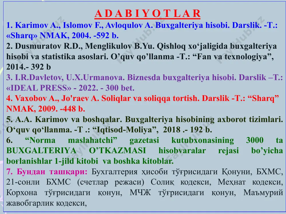 ўзимизнинг маблағимиз ҳисоб китоблари билан шуғулланамиз. раҳбар билан бухгалтернинг нима фарқи бор? 1.бухгалтер корхонанинг молиявий фаоллиятига жавобгар ходим 2. раҳбар эса умумий жавобгар ходим бухгалтерия ҳисобининг бошқа ҳисоб турларидан фарқи 1.корхона активлари ва уларнинг ташкил топиш манбаларида бўладиган ўзгаришларга олиб келадиган барча операциялар ёппасига қайд қилинади 2. барча операциялар икки ёқлама ёзиш (олтин қоида) орқали узлуксиз ҳисобга олинади 3. маълумотлар хўжжатларга асосланади 4. барча операциялар пулда ҳисобга олинади натура ўлчов бирлиги вақт (меҳнат) ўлчов бирлиги пул ўлчов бирлиги ҳисоб турларида қўлланиладиган ўлчов бирликлар натура ўлчов бирлиги натура ўлчов бирлиги оператив ҳисобда, статистик ҳисобда, бухгалтерия ҳисобининг аналитик ҳисобида кенг қўлланилади. бу ўлчов бирлиги бир турдаги буюмлар ҳисоби учун керак бўлади. ҳар бир нарсанинг ўлчов бирлиги бўлади. масалан: узунлик ўлчови (мм, см, детсиметр, метр, погонаметр, км), оғирлик ўлчови (мграм, грамм, кг, тонна) да ўлчанади. вақт (меҳнат) ўлчов бирлиги (йил, ой, кун, соат, минут, секунт) эса бирор бир статистик ёки хўжалик маҳсулотларини ишлаб …