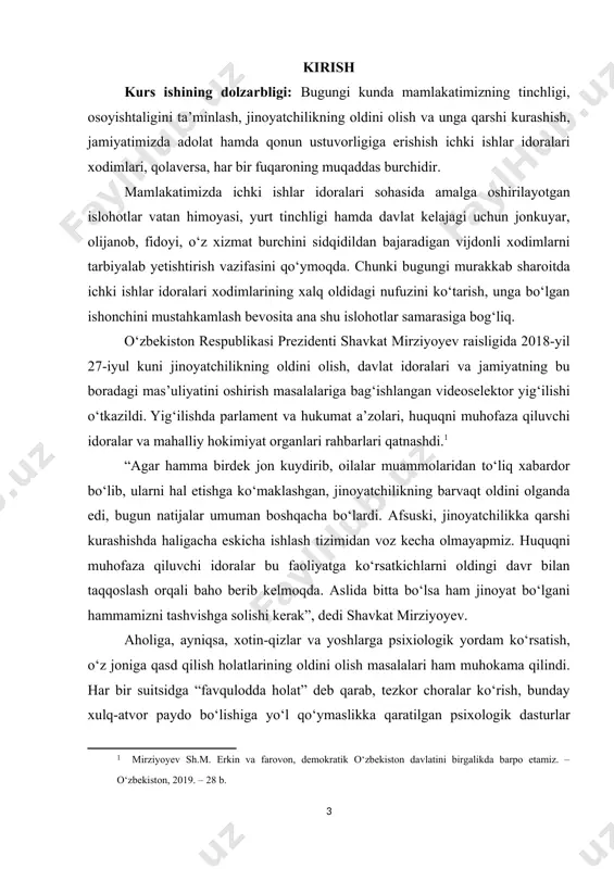 tligi, ko‘chasi, mahallasidagi voqea-hodisalarga befarqligi jinoyatchilarga sharoit yaratib berayotgani aytib o‘tildi. yoshlar o‘rtasidagi jinoyatchilik holatlariga alohida e’tibor qaratildi. joriy yilning 6 oyida yoshlar olti mingdan ziyod jinoyatga qo‘l urgani, ta’lim-tarbiya va bandlikni ta’minlash borasidagi muammolar bunga sabab bo‘layotgani qayd etildi. “maktab va kollejlarni bitirib, oliy o‘quv yurtiga kirmagan yoshlar ertaga kim bo‘lishini chuqur o‘ylashimiz, ularga bugun munosib sharoit yaratib berishimiz kerak. shu maqsadda “yoshlar – kelajagimiz” davlat dasturini qabul qildik va 800 milliard so‘m mablag‘ni yoshlar tadbirkorligi, bandligi uchun yo‘naltirdik. faqat endi uyma-uy yurib, har bir yosh bilan suhbatlashib, ushbu dasturning ijrosini ta’minlash lozim”, dedi shavkat mirziyoyev.[footnoteref:2] [2: o‘zbekiston respublikasi prezidentining 2020-yil 11-avgustdagi pq-4804-son qarori ijrosini ta’minlash maqsadida vazirlar mahkamasi qarori.] har qanday inson kundalik hayotida odamlar bilan uchrashib, muloqotga kirishadi va bu muloqot jarayonida har ikki tomon o‘zining ichki va tashqi ruhiy olamini namoyon qiladi. ana shu ruhiy holatlarning barchasi insonning psixikasini tashkil qiladi. ichki ishlar idoralari xodimlarining faoliyati …