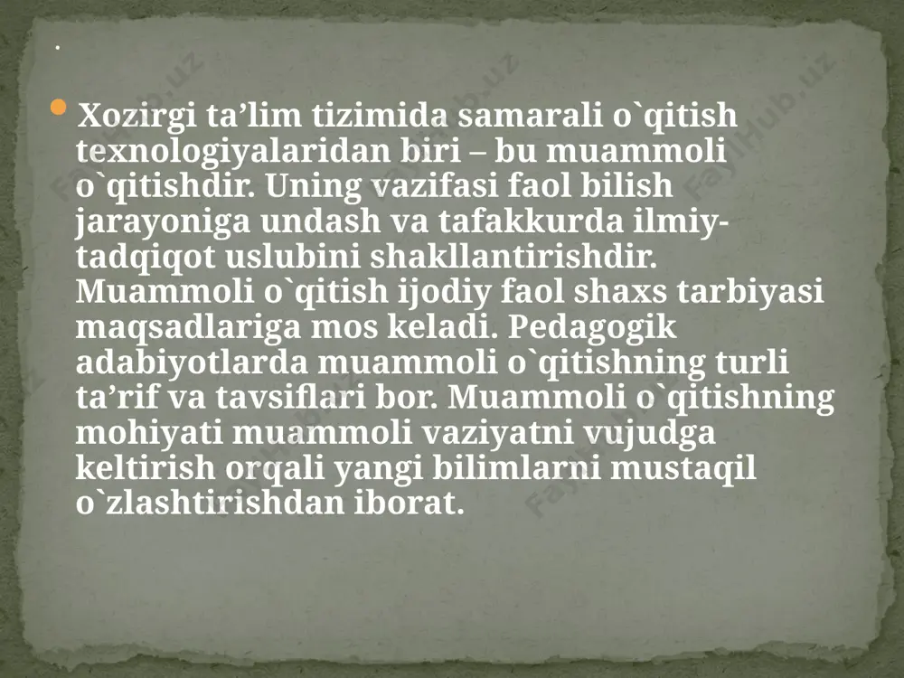 arata boshladilar. chunki an’anaviy o`qitish shaklida asosiy diqqat o`qituvchi faoliyatiga qaratilgan bo`lsa, muammoli o`qitish kontsepsiyasida asosiy urg`u o`quvchilar tomoniga ko`chadi. muammoli o`qitish tamoyili bo`yicha bilim o`quvchilarga tayyor shaklda uzatilmaydi, balki ilmiy-tadqiqot jarayoniga o`xshatib, o`quv faoliyati jarayonida o`quvchilar tomonidan egallanadi. . muammoli o`qitish ijodiy faoliyatni hamda unga ehtiyojni shakllantirish va rivojlantirishga qaratilgan bo`lib, bu jarayonda o`quvchilar ijodiy fikrlashining rivojlanishi an’anaviy o`qitishdagiga nisbatan jadalroq bo`ladi. lekin muammoli o`qitishning bu funksiyasi oshishi uchun o`quv jarayoniga muammolarning tasodifiy majmuasini kiritish yetarli emas. muammolar tizimi bilimning mazkur sohasiga xos muammolarning asosiy turlarini qamrab olishi kerak. muammoli o`qitishni ta`lim jarayoniga tatbiq etishda o`qituvchi ilmiy va o`quv muammolar orasidagi umumiylikni va farqni ajratishi lozim. ularning umumiyligi – har ikkalasida ham ob’ektiv zidliklar mavjudligi bo`lsa, ilmiy va o`quv muammolarini farqi shuki, ilmiy muammoda qo`yilgan masala hali yechilmagan, o`quv muammoda esa masala yechilgan, uni yechish yo`li va natijasi ma’lum. faqat bu yo`llar va natijalarni o`quvchilar izlab topishi kerak. muammoli …
