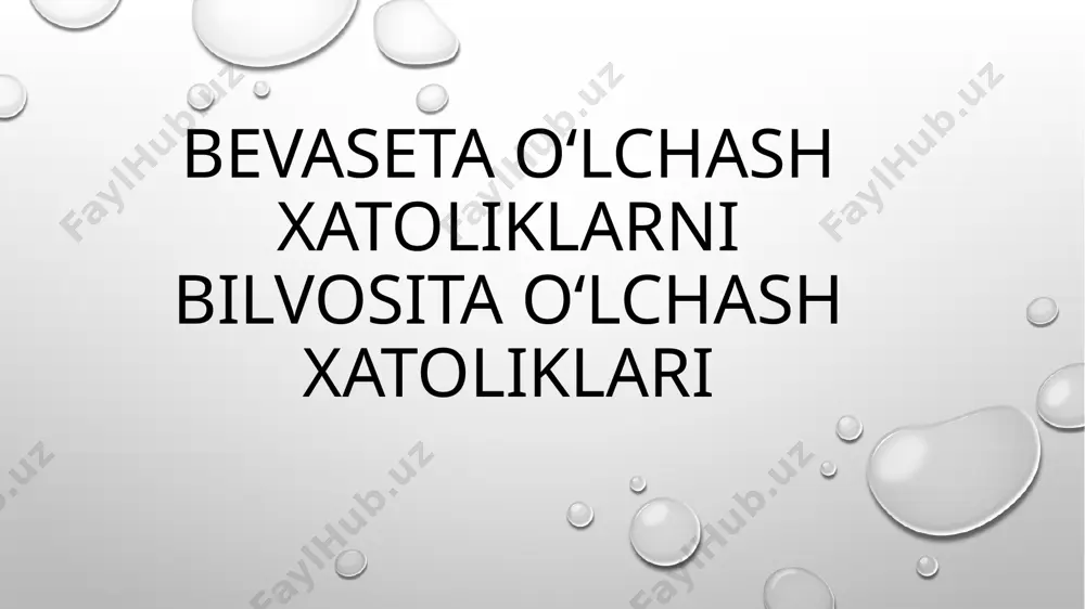 zik kattalikni bir xil tajriba sharoitida bir marta emas, balki bir necha marta oʻlchash kerak bo’ladi. ma’lumki, o‘lchashni biror bir vositasiz bajarib bo‘lmaydi. o‘lchash vositalarining turlari xilma – xil. ular sodda yoki murakkab, aniqligi katta yoki kichik bo‘lishi mumkin. o‘lchash vositalari me’yorlangan metrologik xossalarga ega bo‘lishlari lozim va bu metrologik xossalar davriy ravishda tekshirilib turiladi. o‘lchash amalida o‘lchanayotgan kattalikning qiymati to‘g‘ri aniqlanishi aynan mana shu o‘lchash vositasining to‘g‘ri tanlanishiga va ishlashiga bog‘liq. bilvosita oʻlchashda aniqlanadigan kattalik, bevosita oʻlchanishi mumkin boʻlgan kattaliklar orasidagi o’zaro funksional bog’lanish yordamida aniqlanadi. masalan, jism zichligi ( )ni aniqlash uchun bevosita jismning m massasini va v hajmini oʻlchab, so’ngra ular orasidagi bogʻlanishdan zichlik hisoblanadi. fizik kattalikni aniqlash uchun quyidagi amallar ketma-ket bajarilishi kerak: • o’lchov asboblarini kerakli holatlarda o’rnatish va ularning toʻgʻri ishlayotganligini tekshirish; • asboblarning koʻrsatishlarini kuzatib borish va kerakli vaziyatlarda ularni yozib olish; • oʻlchash natijalaridan foydalanib, aniqlanishi kerak bo’lgan fizik kattalikni hisoblash; • …